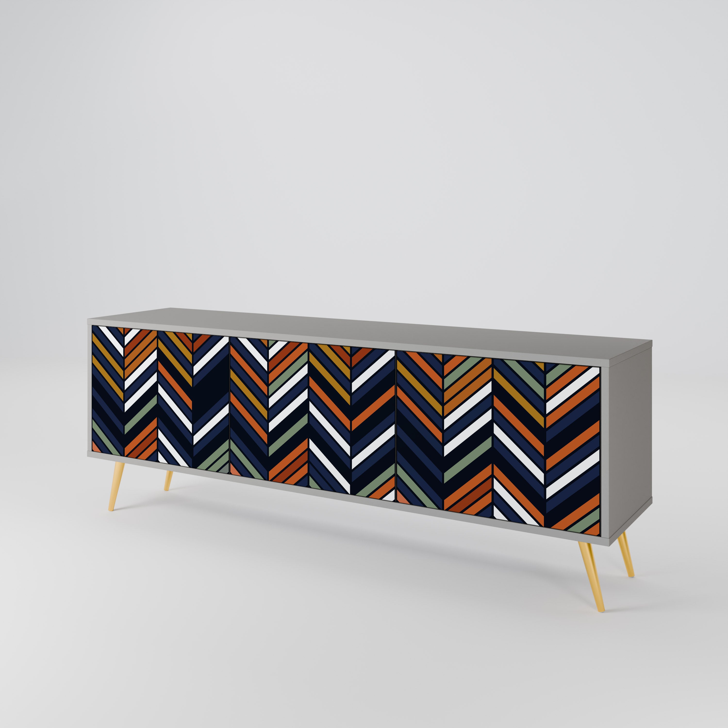 Mueble de TV de 3 puertas con diseño de patchwork vibrante en acabado gris