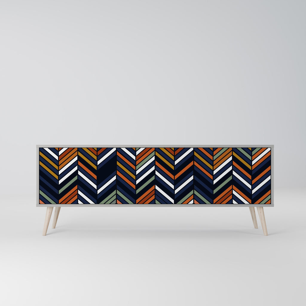Mueble de TV de 3 puertas con diseño de patchwork vibrante en acabado gris