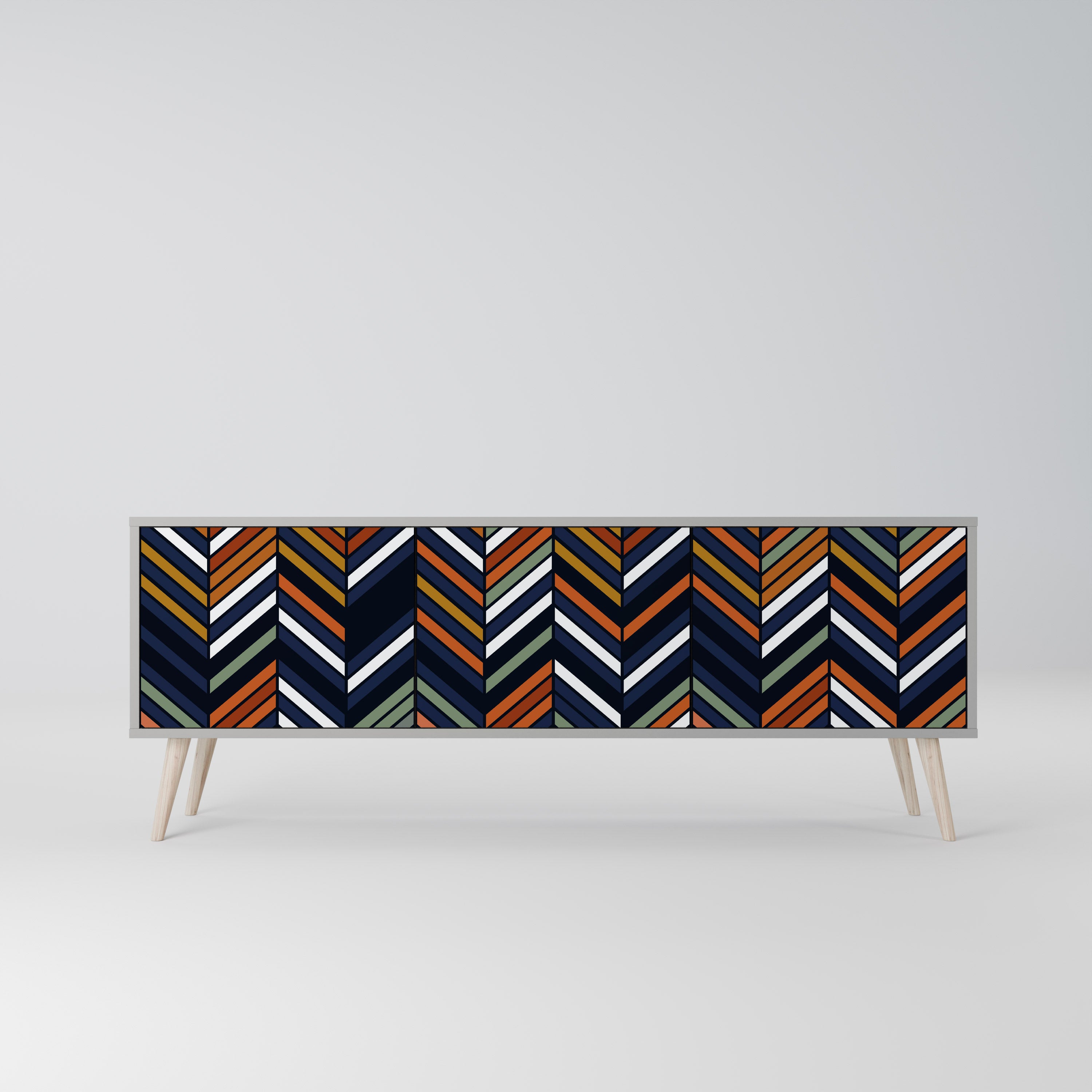 Mueble de TV de 3 puertas con diseño de patchwork vibrante en acabado gris