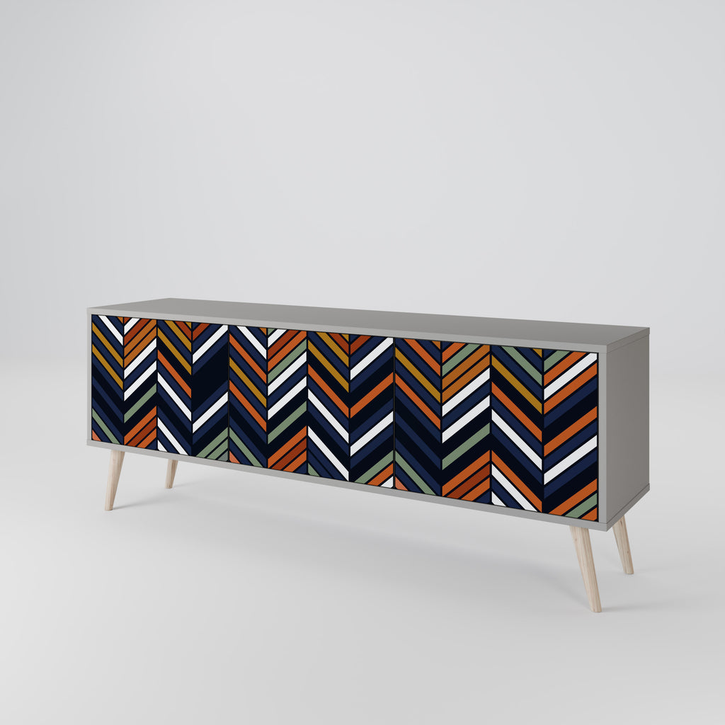 Mueble de TV de 3 puertas con diseño de patchwork vibrante en acabado gris