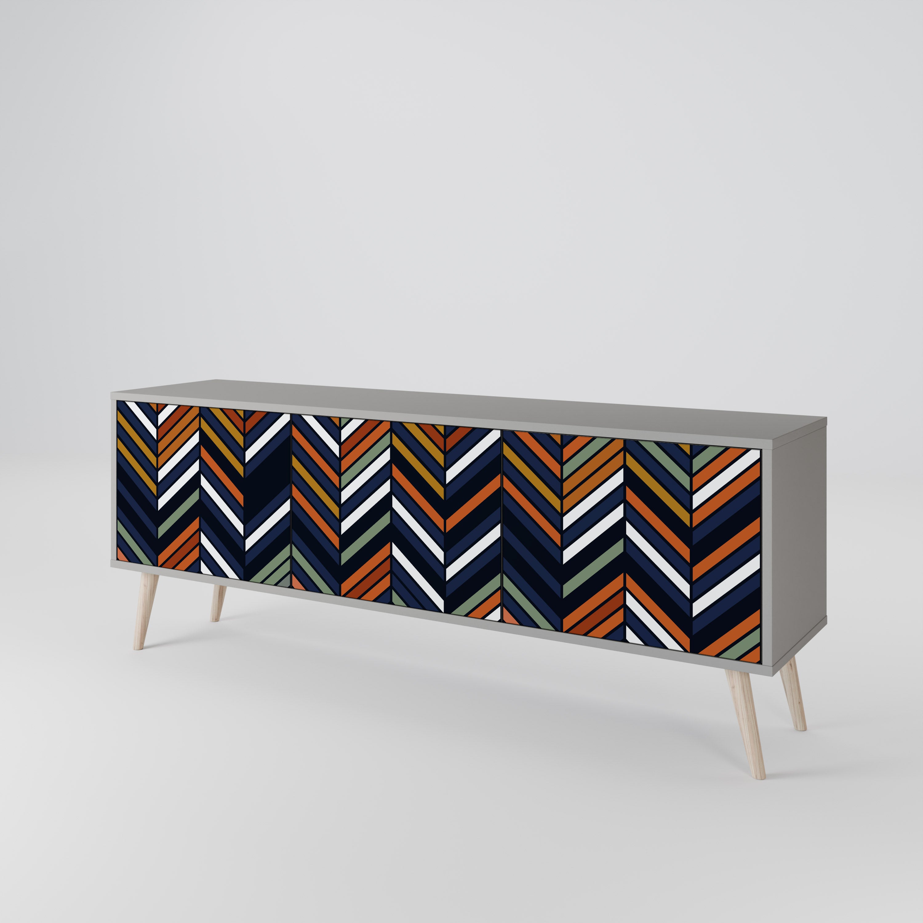 Mueble de TV de 3 puertas con diseño de patchwork vibrante en acabado gris