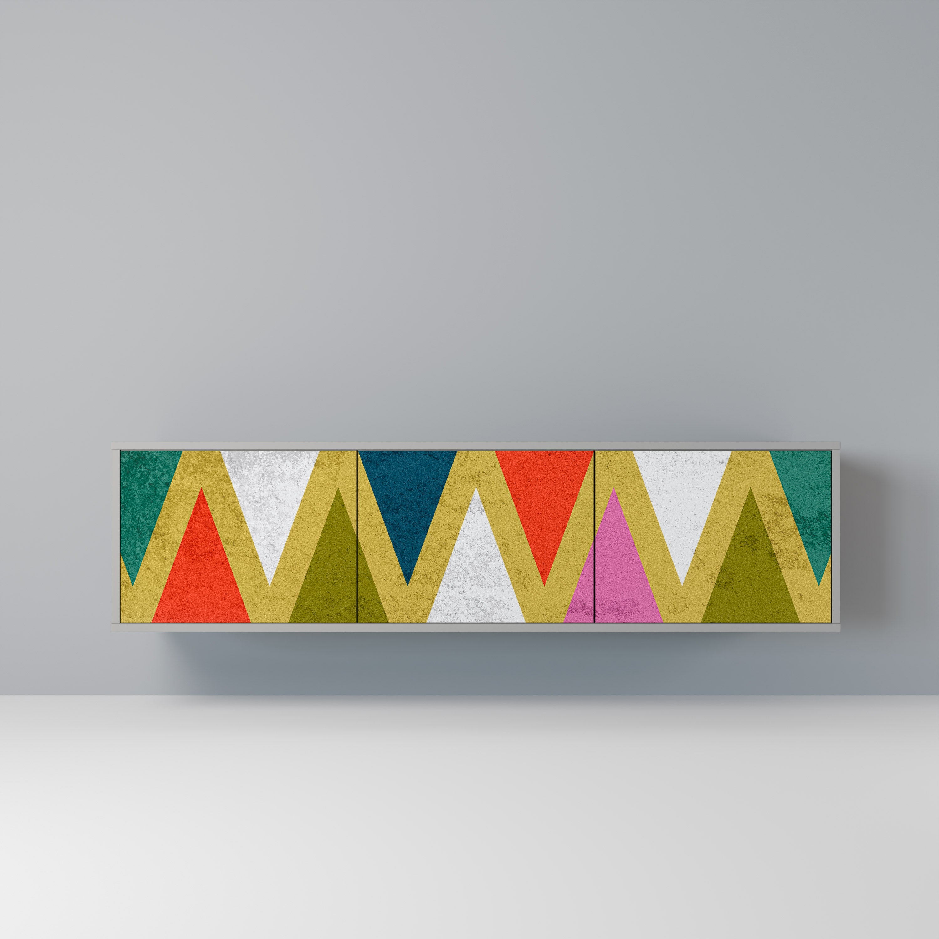 Mueble de TV de 3 puertas COLORFUL TRIANGLES en acabado gris