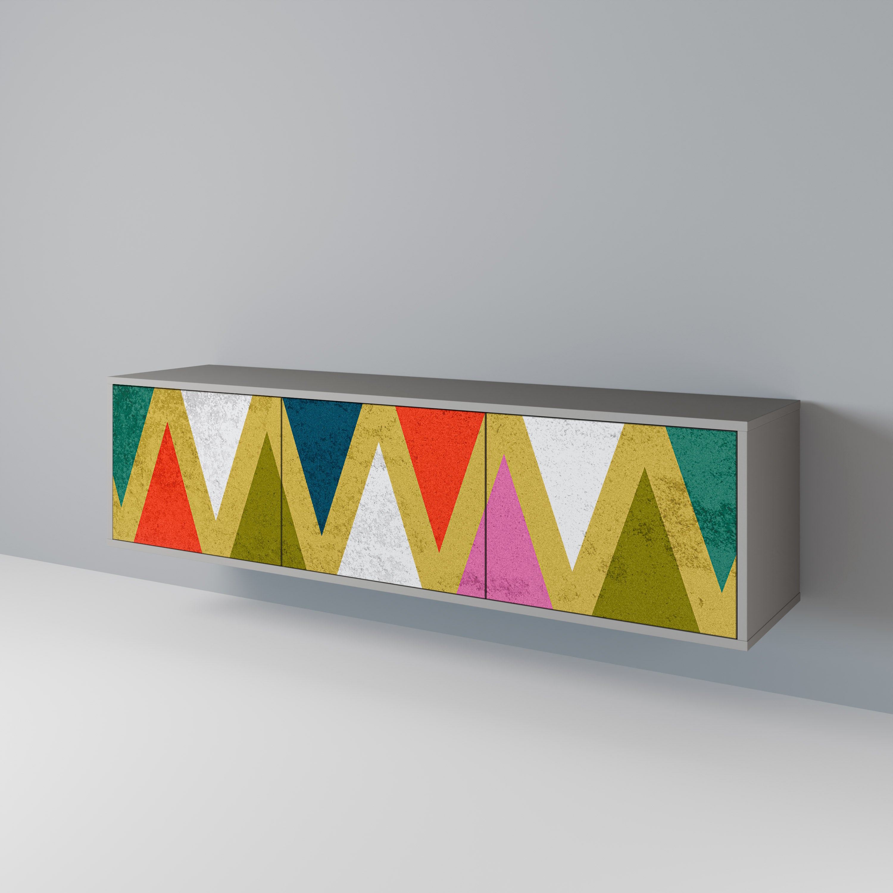 Mueble de TV de 3 puertas COLORFUL TRIANGLES en acabado gris