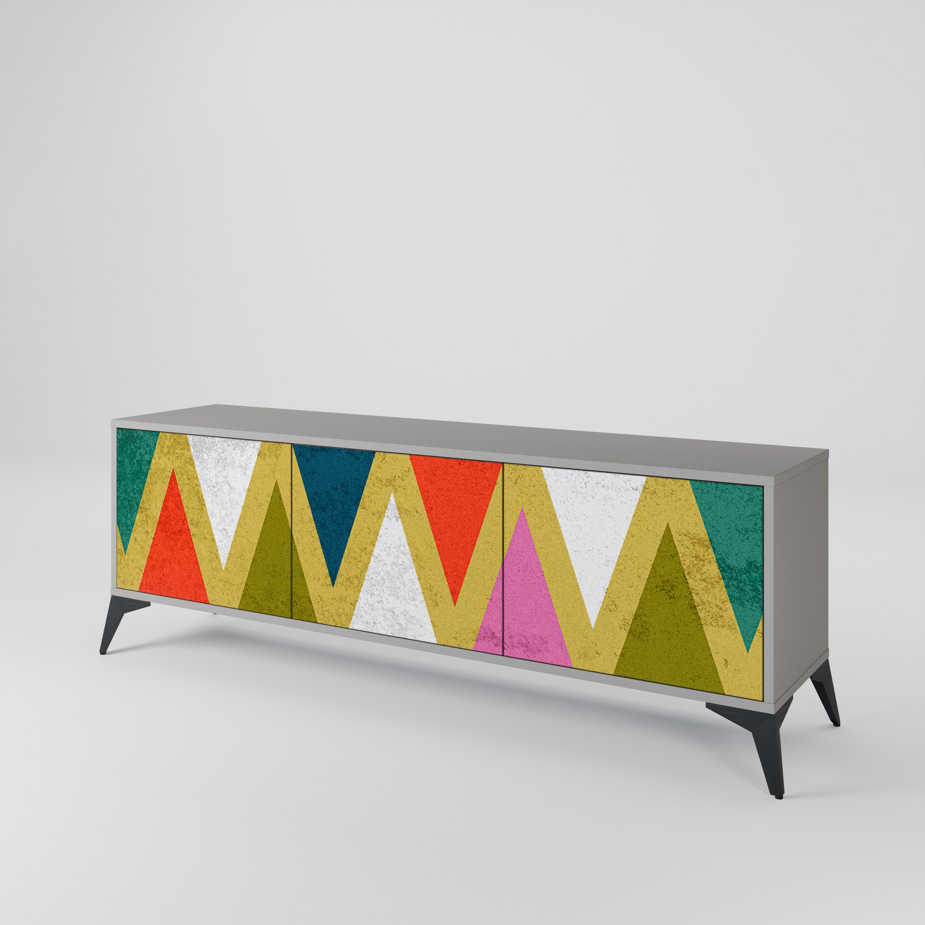 Mueble de TV de 3 puertas COLORFUL TRIANGLES en acabado gris