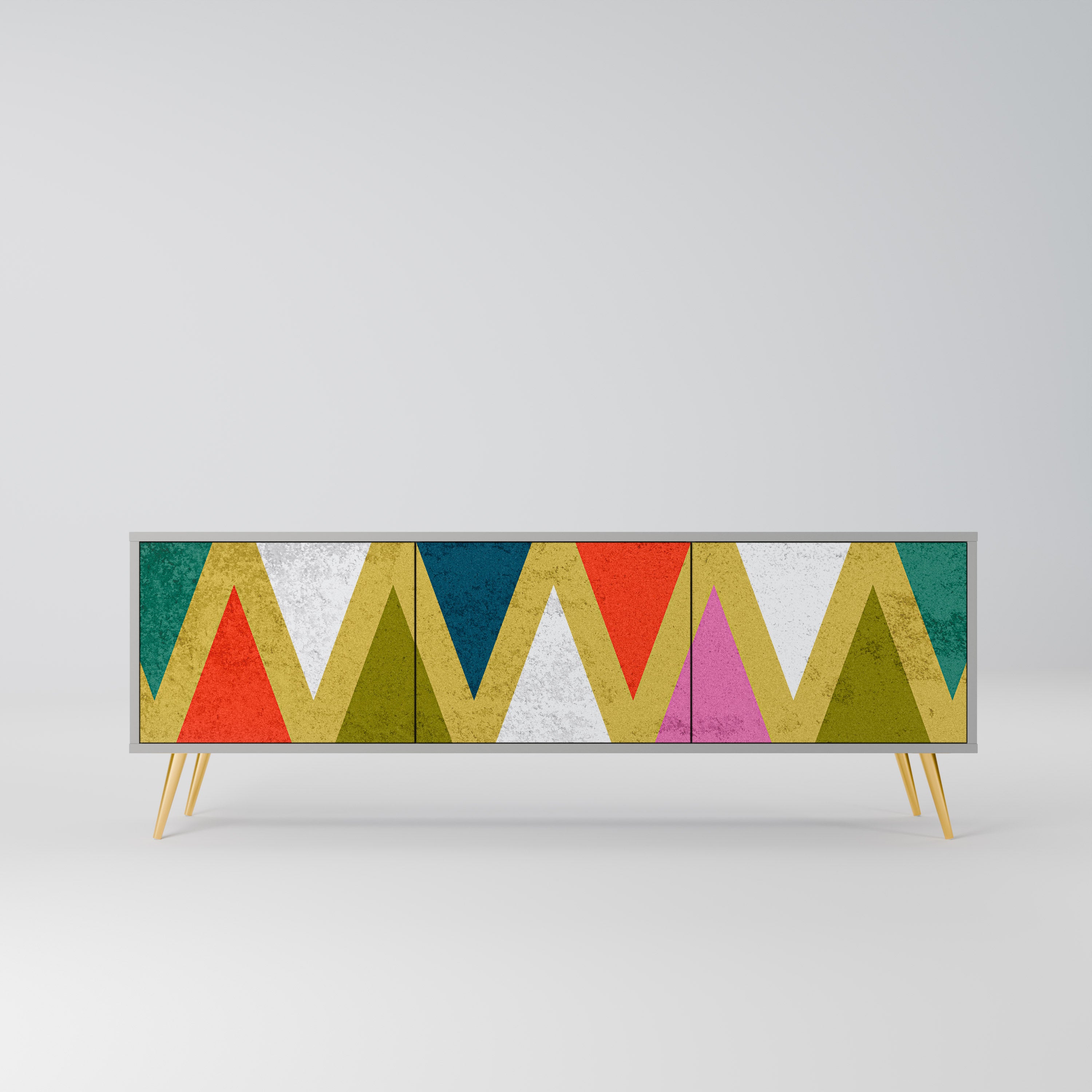 Mueble de TV de 3 puertas COLORFUL TRIANGLES en acabado gris
