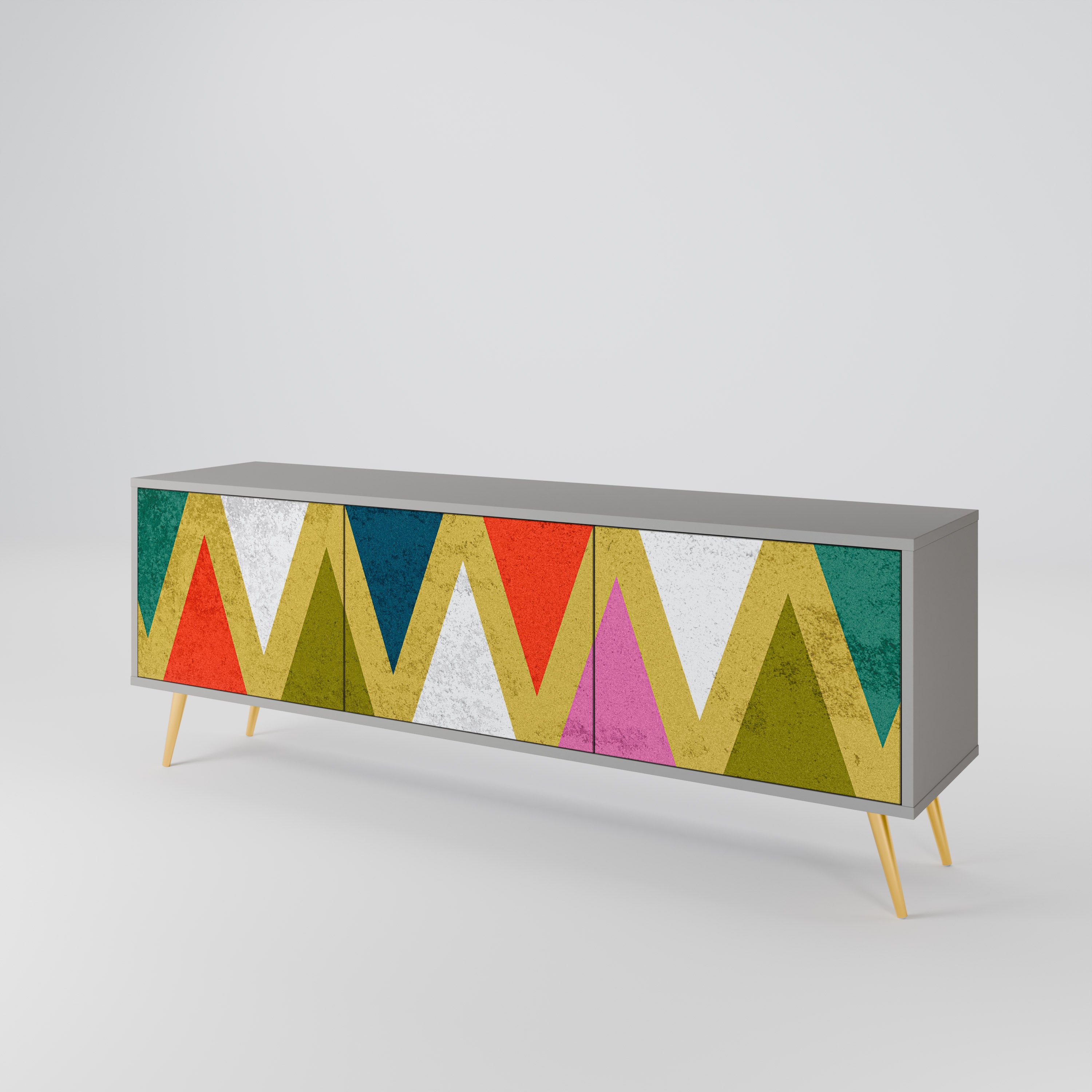 Mueble de TV de 3 puertas COLORFUL TRIANGLES en acabado gris