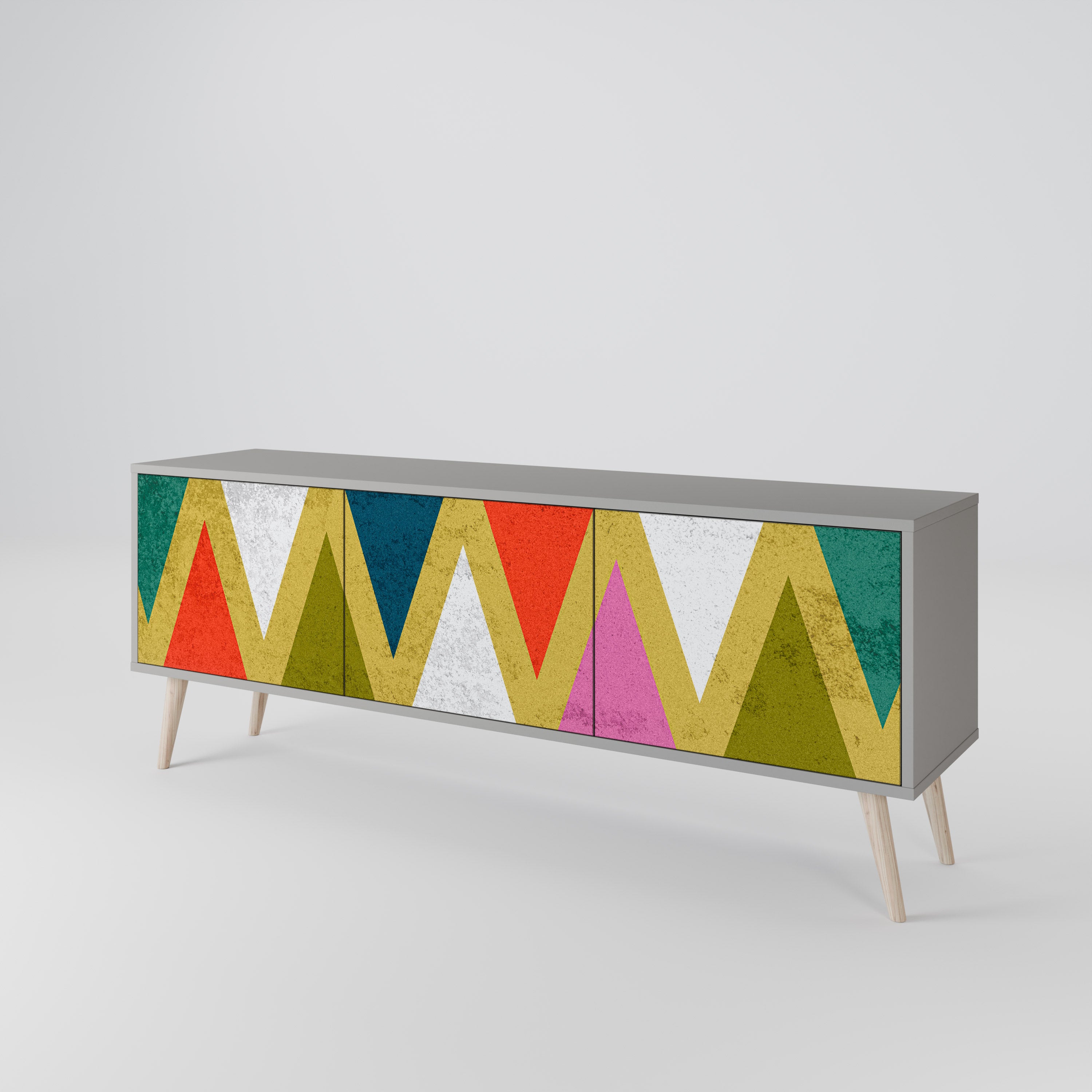Mueble de TV de 3 puertas COLORFUL TRIANGLES en acabado gris
