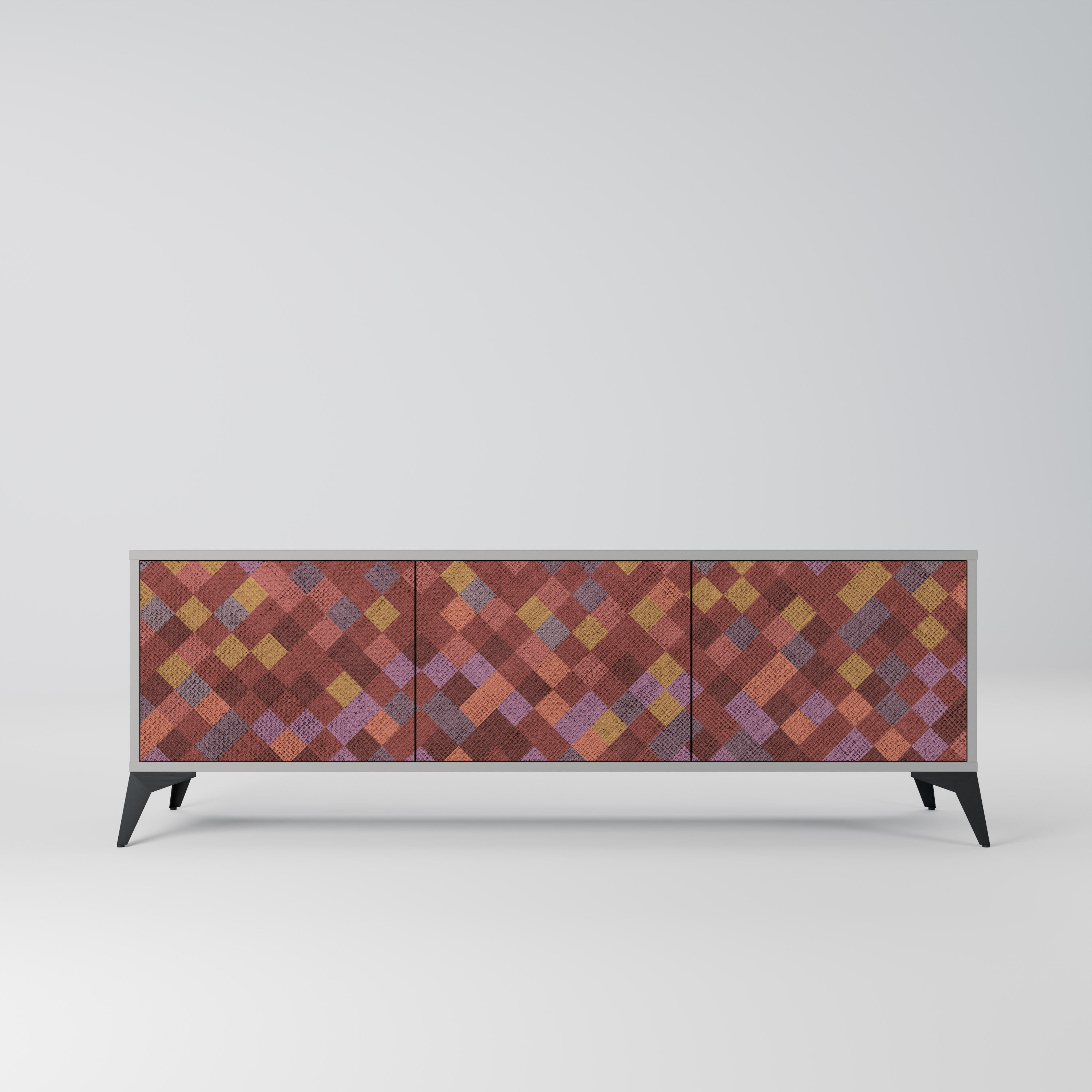 PAINTED SQUARES 3-Door TV Stand in Grey Finish