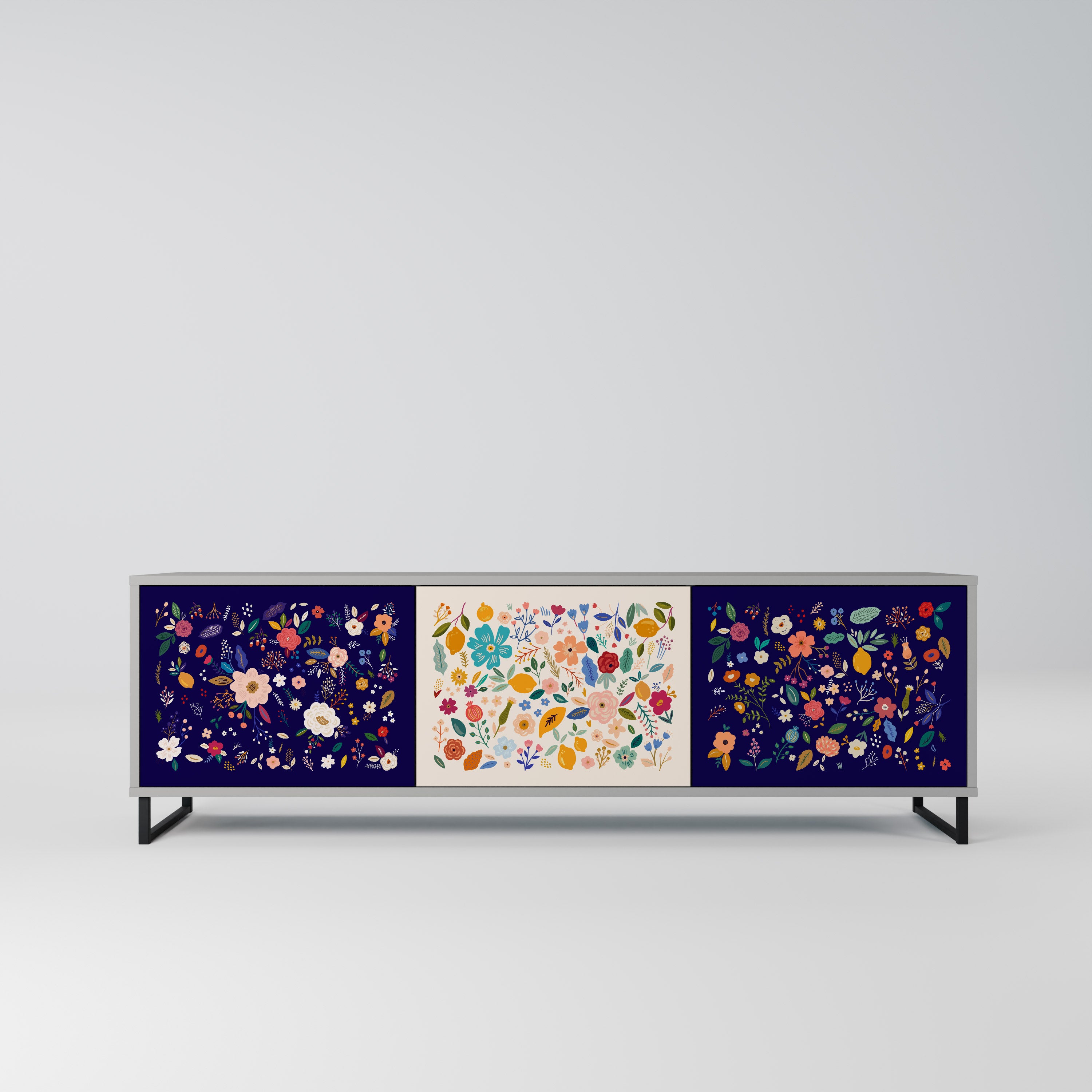 FLORAL COMBINATION 3-Door TV Stand in Grey Finish