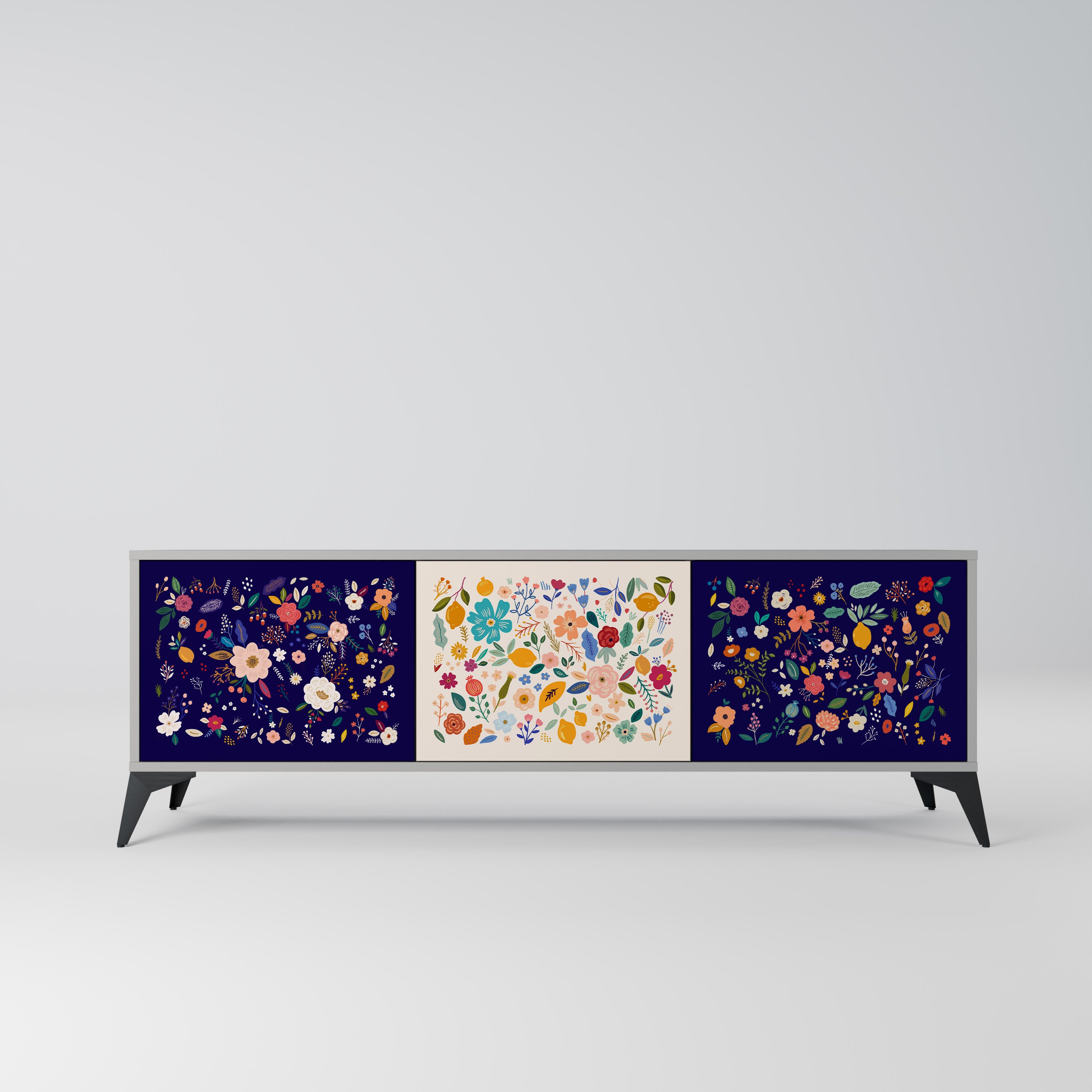 FLORAL COMBINATION 3-Door TV Stand in Grey Finish