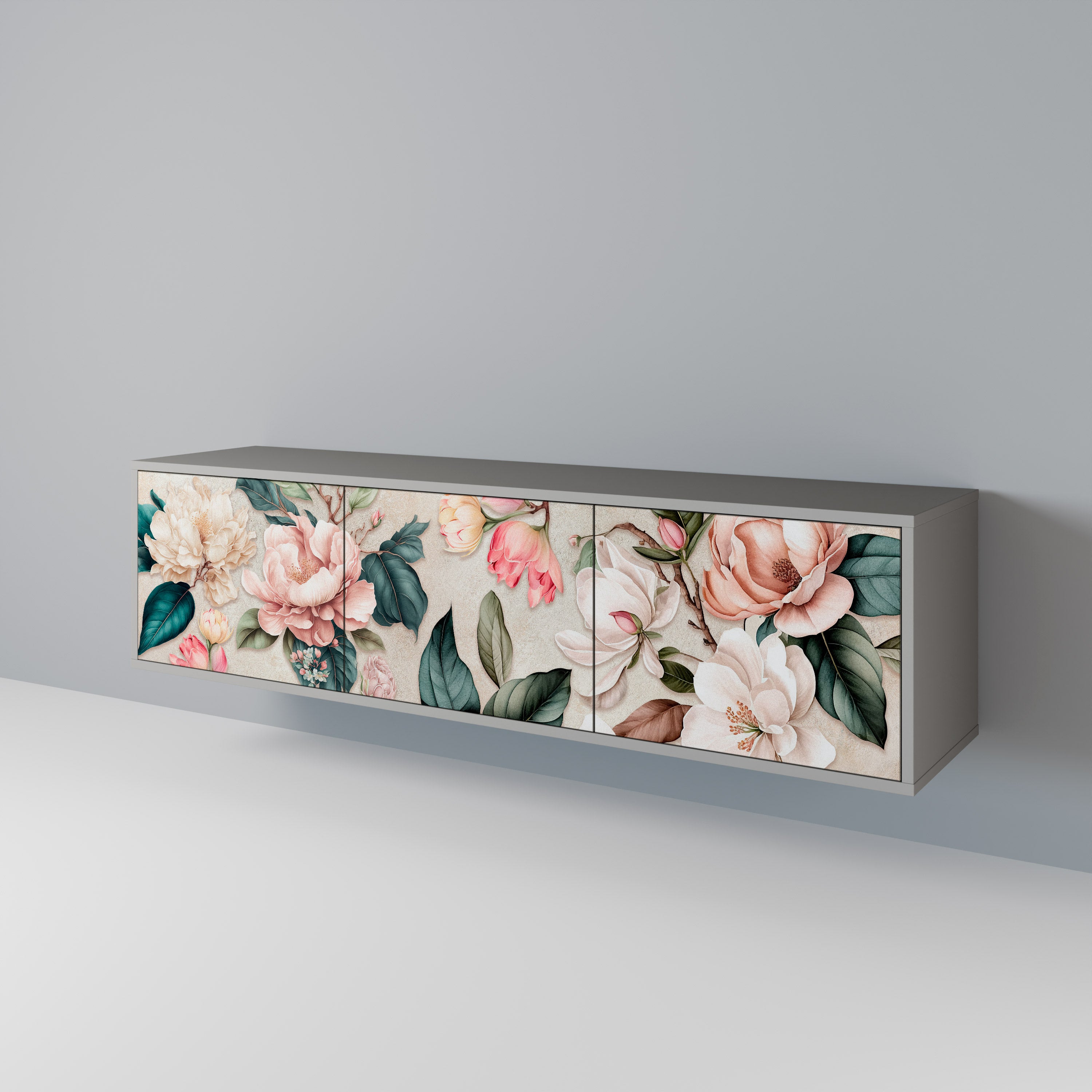 FLORAL GRACE 3-Door TV Stand in Grey Finish