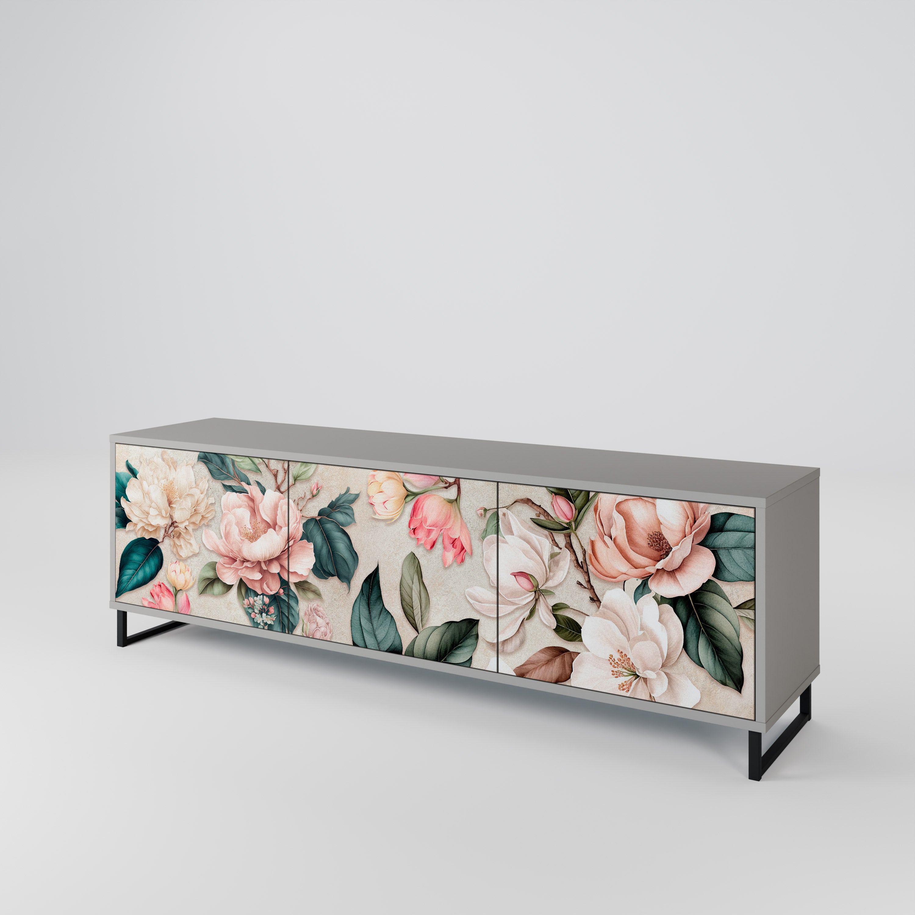 FLORAL GRACE 3-Door TV Stand in Grey Finish