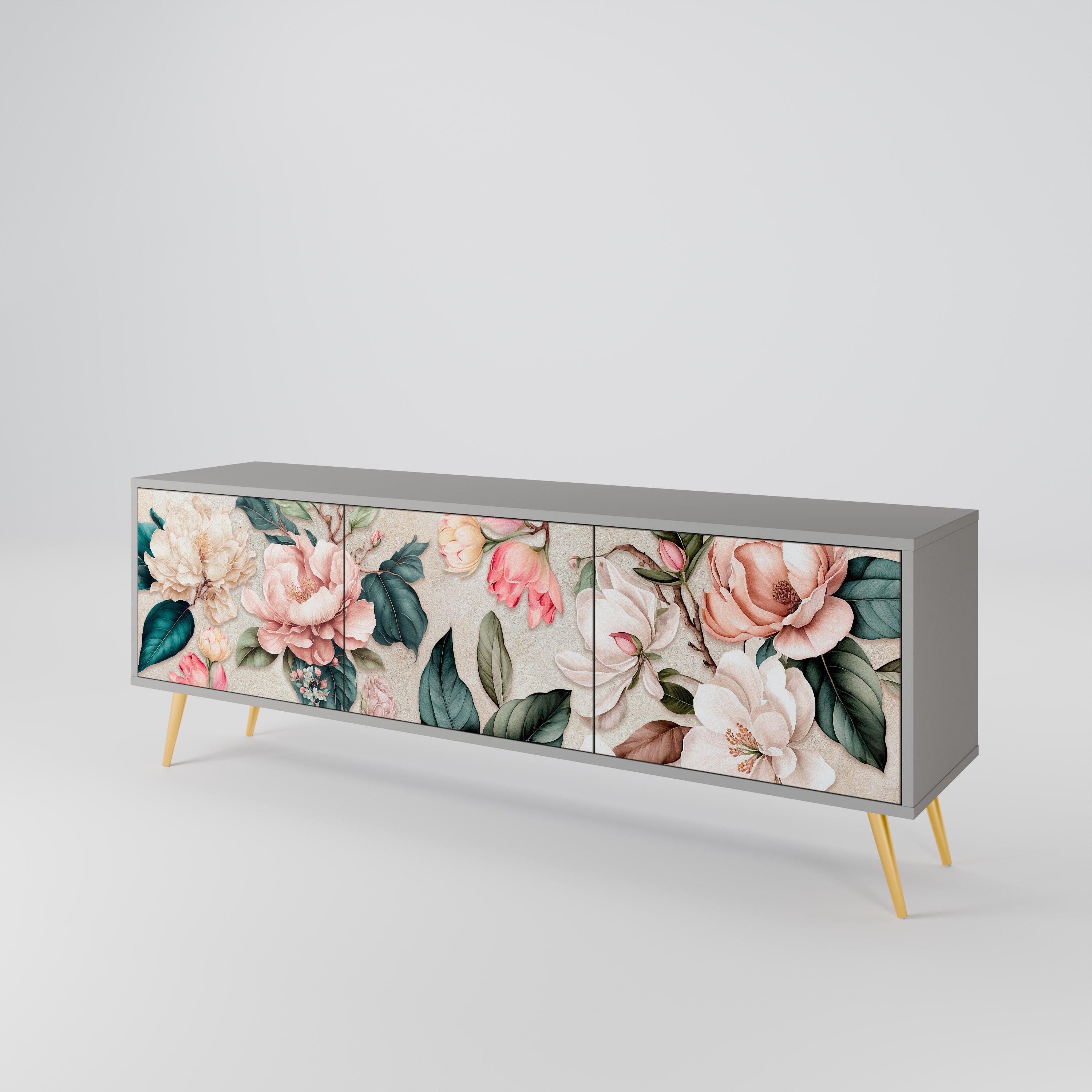 FLORAL GRACE 3-Door TV Stand in Grey Finish