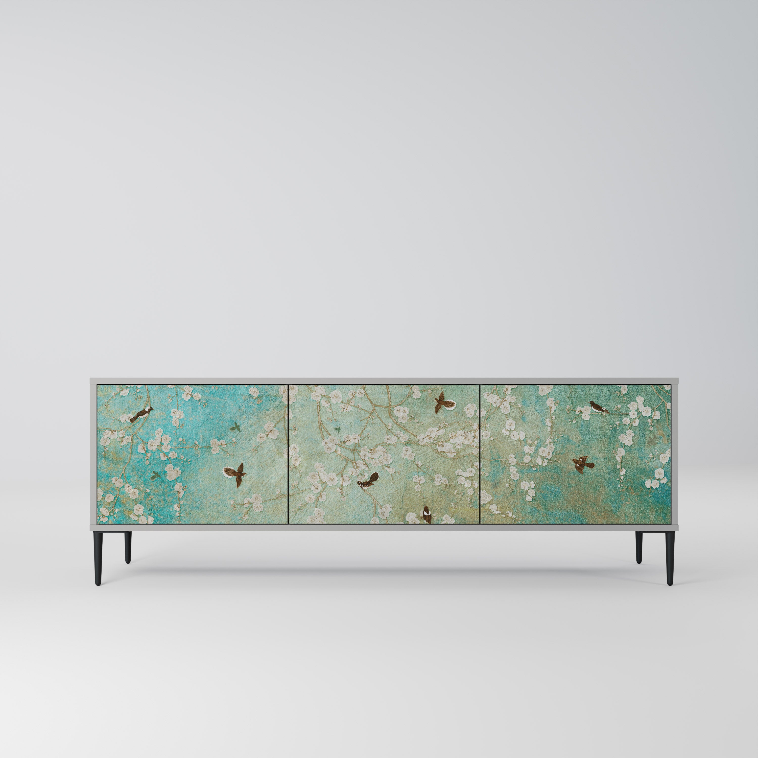BLOOMING CHARM 3-Door TV Stand in Grey Finish
