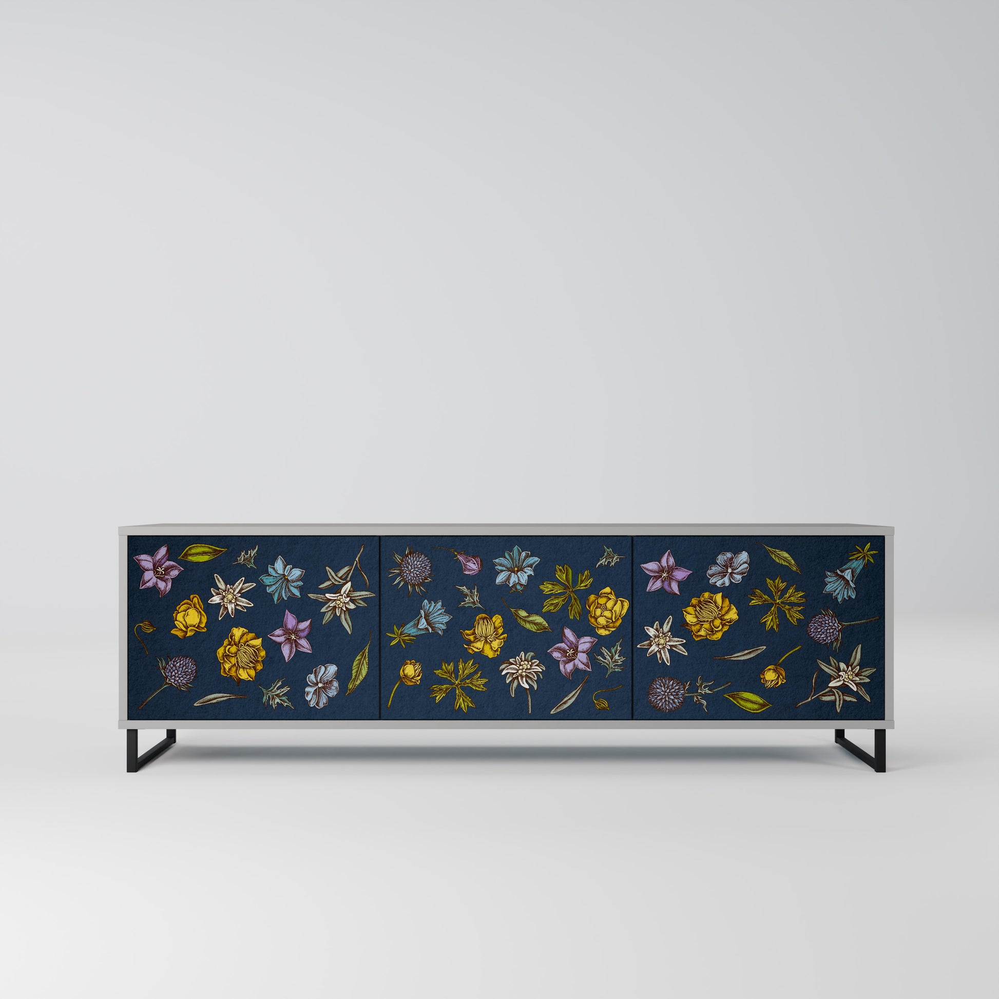 FLOWERS ON NAVY BLUE 3-Door TV Stand in Grey Finish
