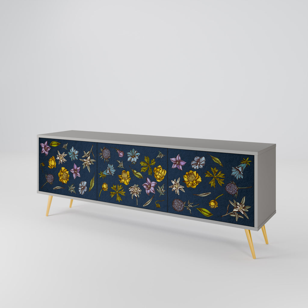 FLOWERS ON NAVY BLUE 3-Door TV Stand in Grey Finish