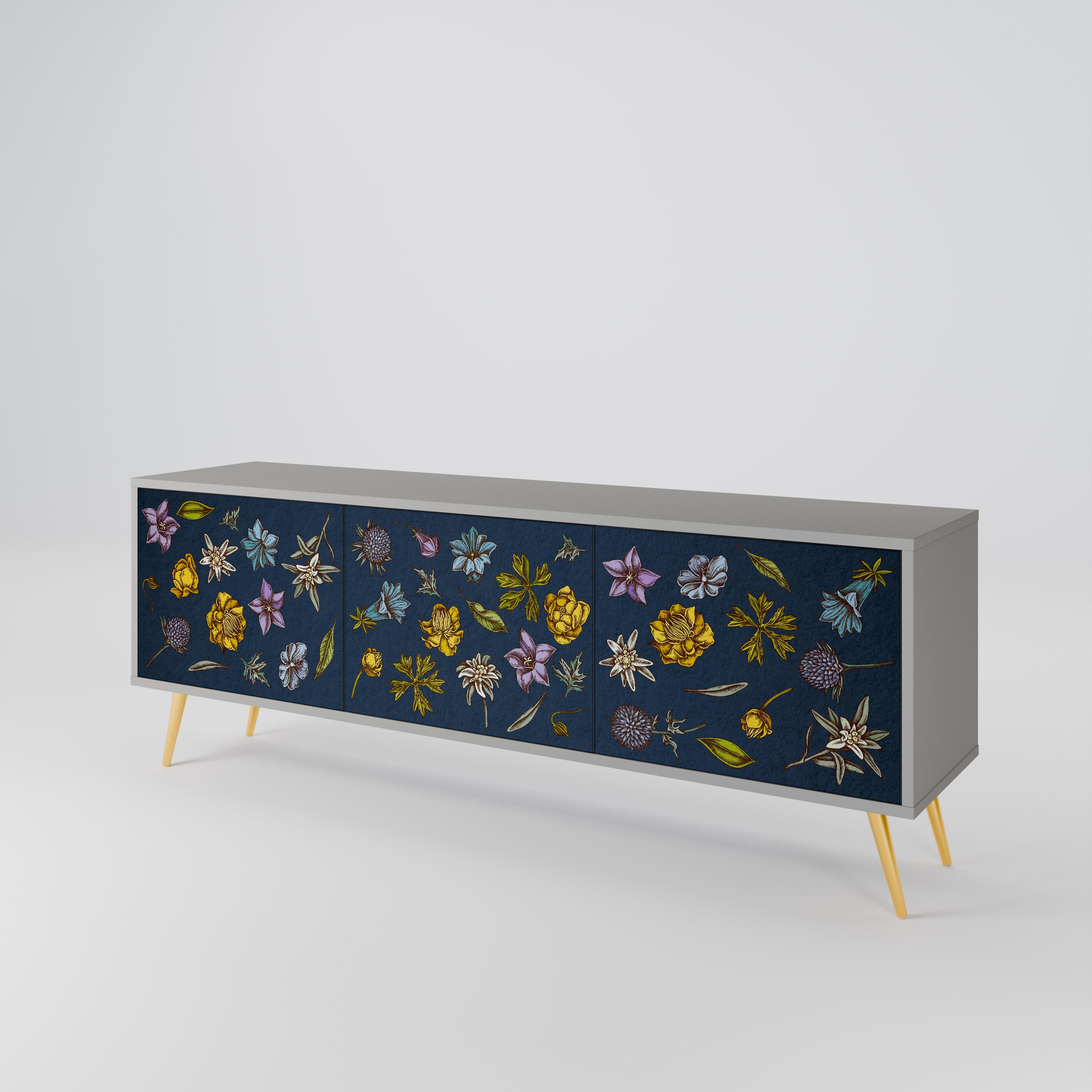 FLOWERS ON NAVY BLUE 3-Door TV Stand in Grey Finish
