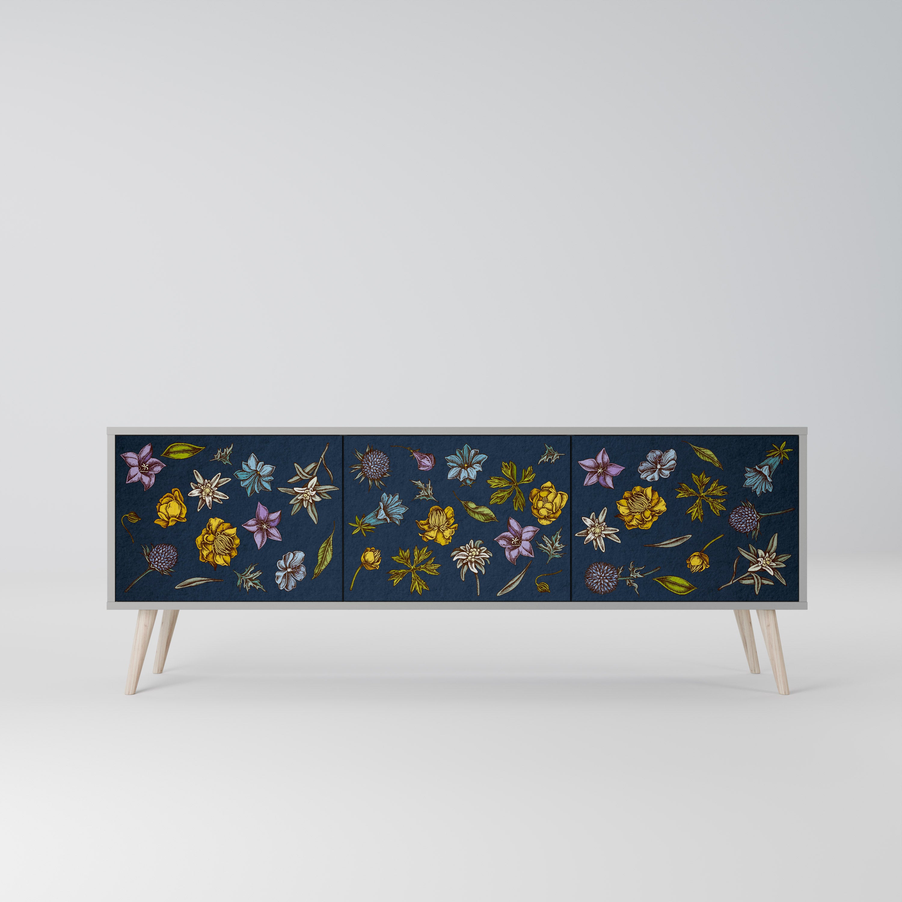FLOWERS ON NAVY BLUE 3-Door TV Stand in Grey Finish