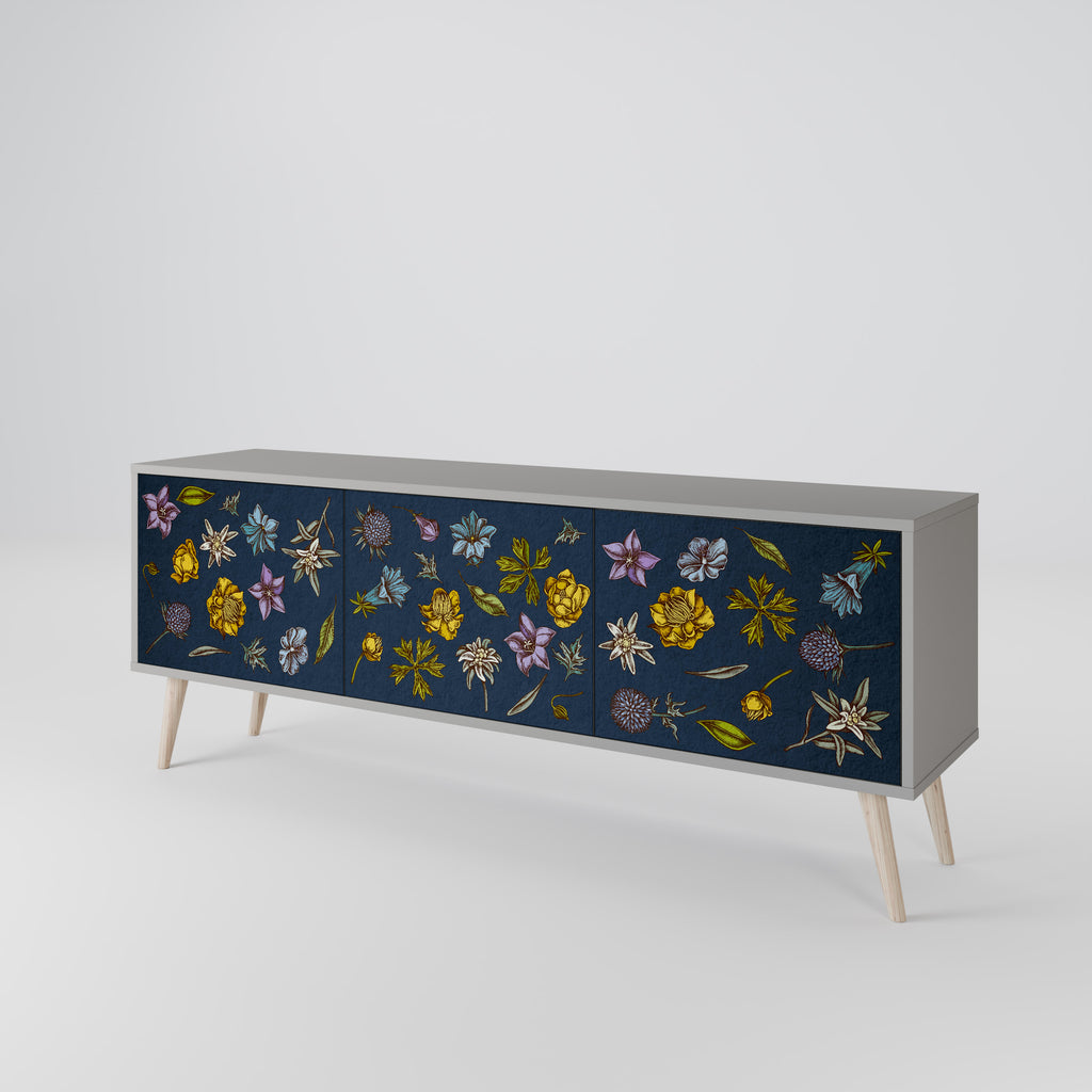 FLOWERS ON NAVY BLUE 3-Door TV Stand in Grey Finish