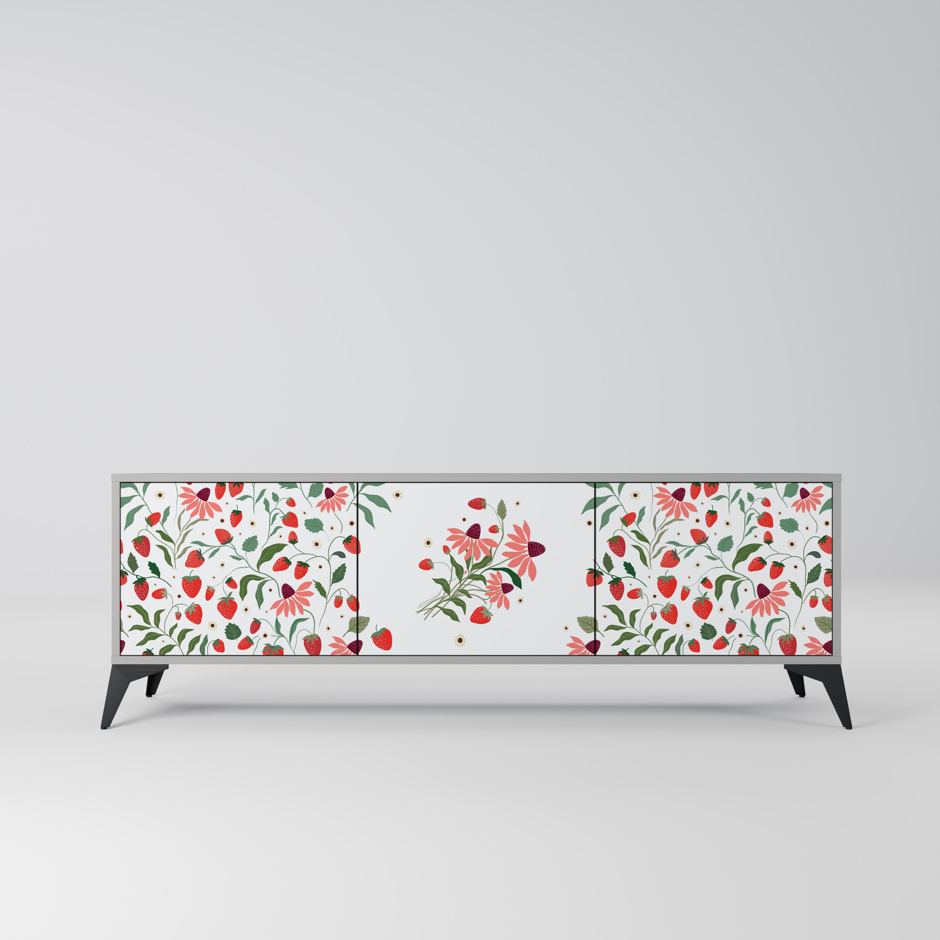 FLOWERS AND STRAWBERRIES 3-Door TV Stand in Grey Finish