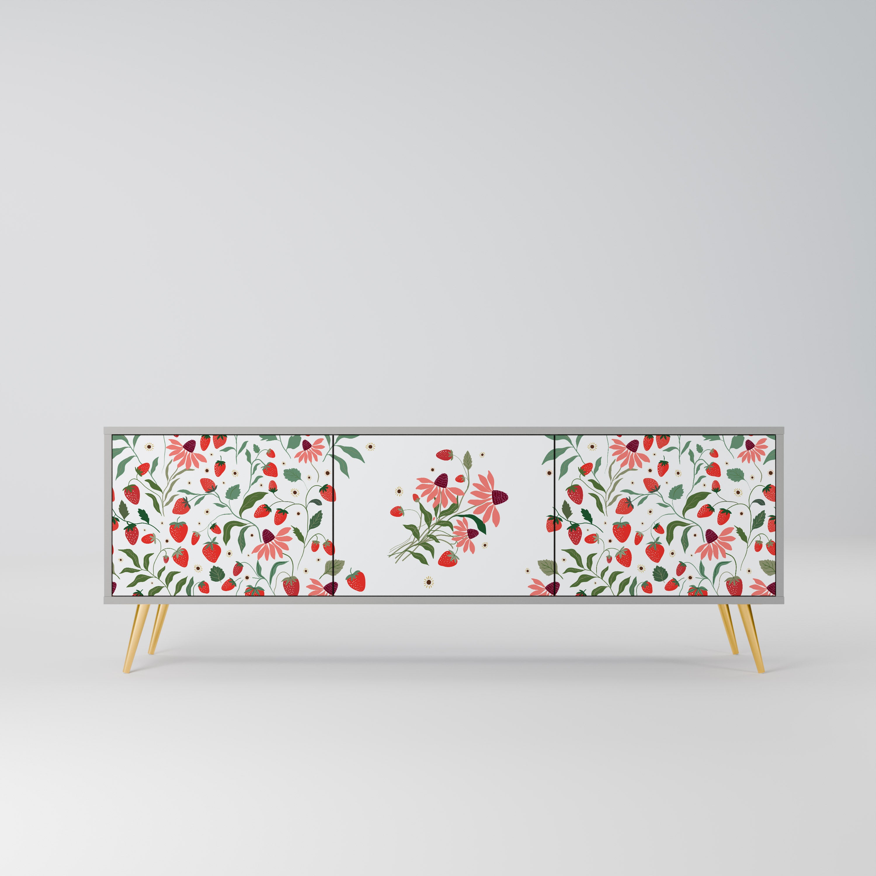 FLOWERS AND STRAWBERRIES 3-Door TV Stand in Grey Finish