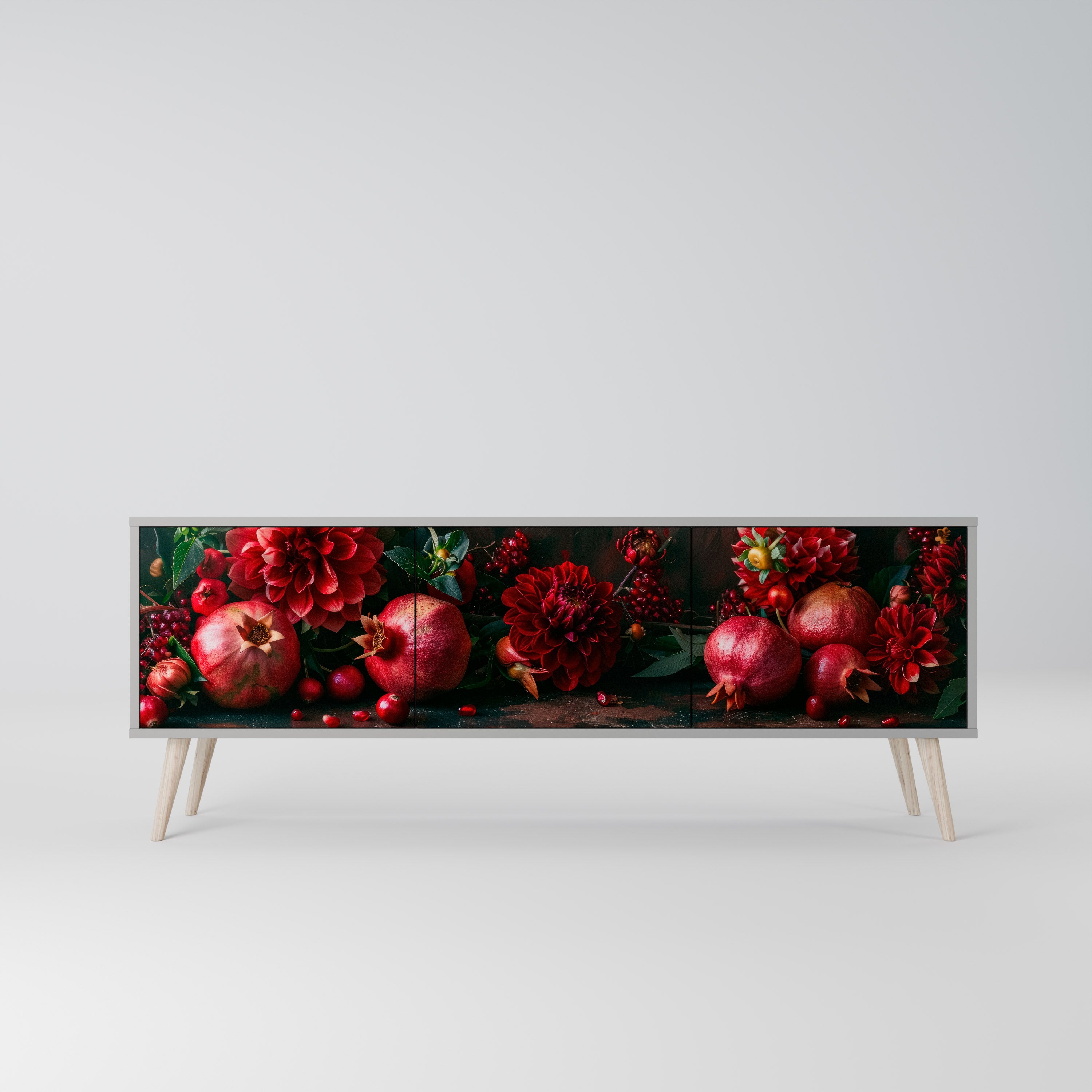 DAHLIAS AND POMEGRANATES 3-Door TV Stand in Grey Finish
