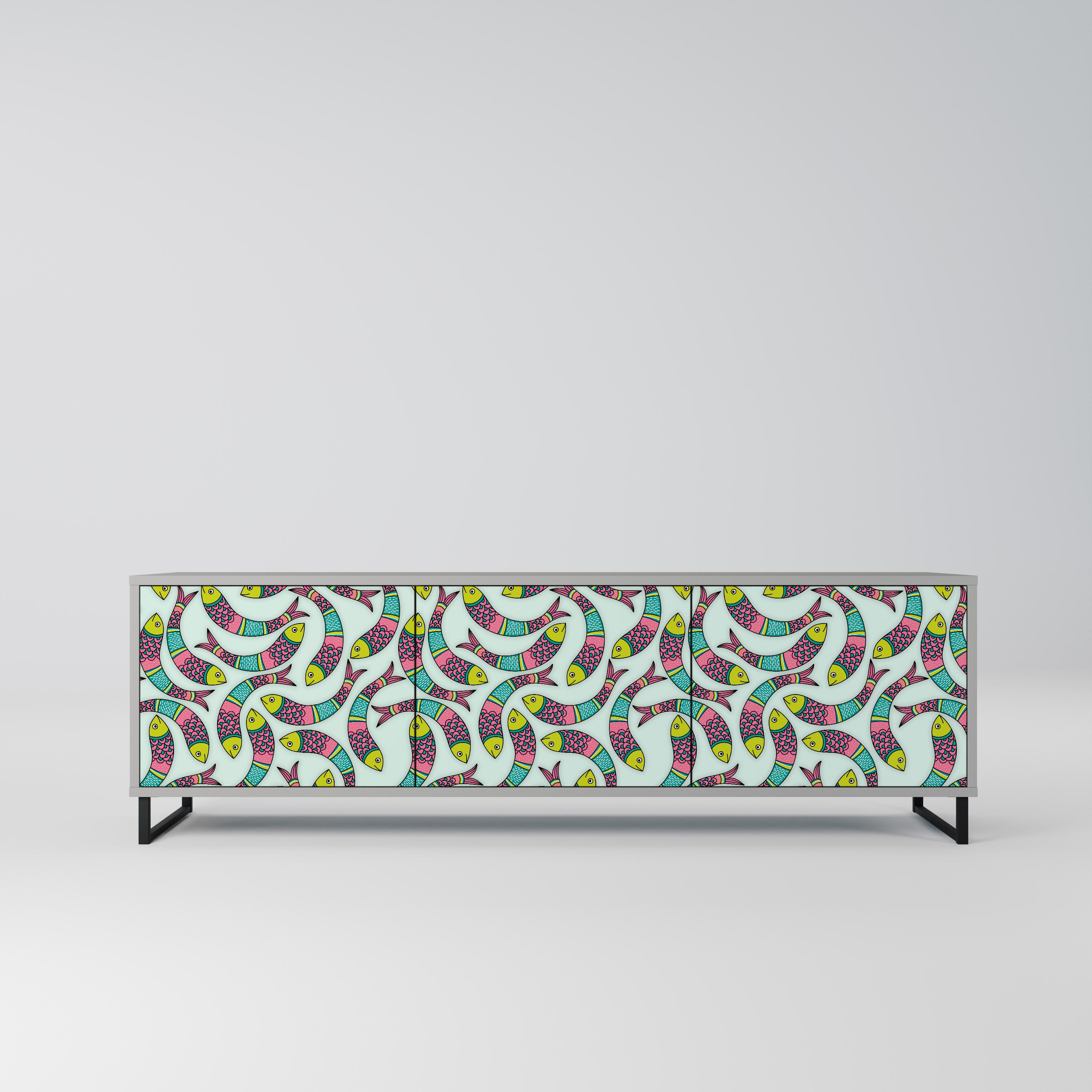 INDIAN FISH 3-Door TV Stand in Grey Finish