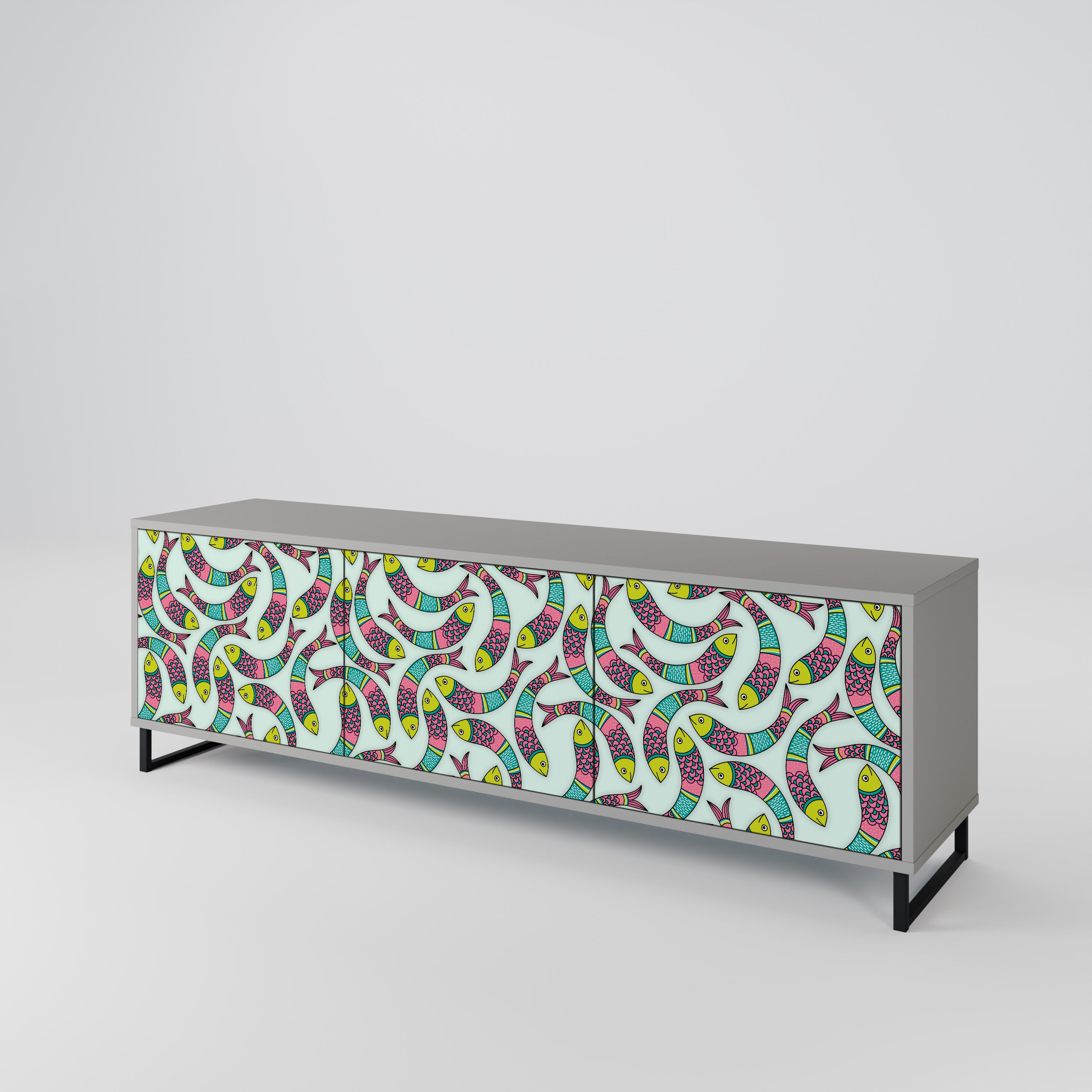 INDIAN FISH 3-Door TV Stand in Grey Finish
