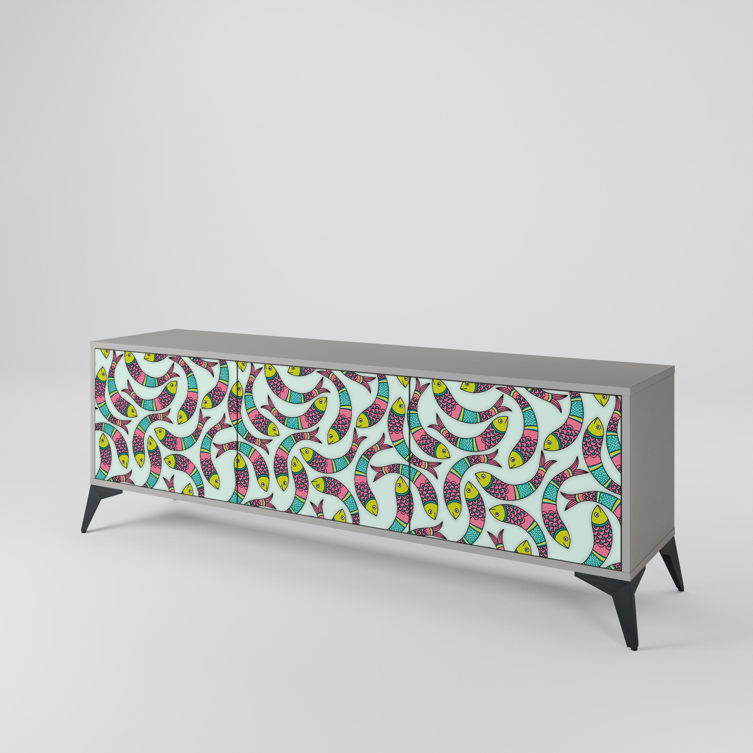 INDIAN FISH 3-Door TV Stand in Grey Finish