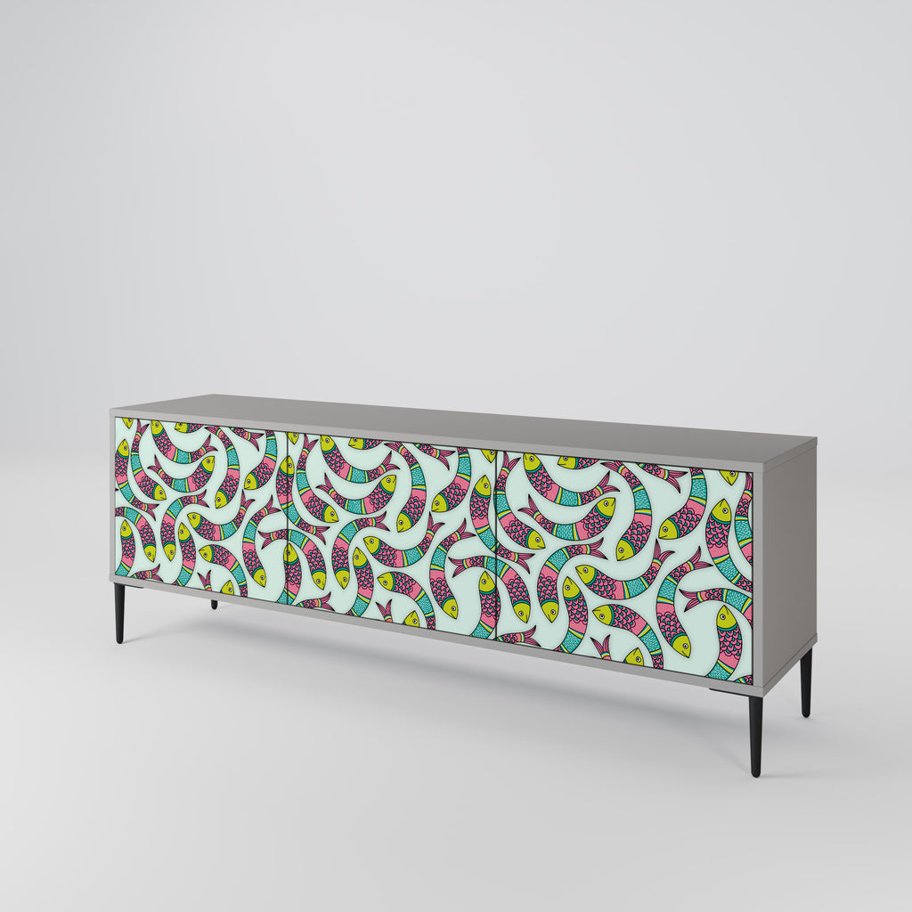 INDIAN FISH 3-Door TV Stand in Grey Finish