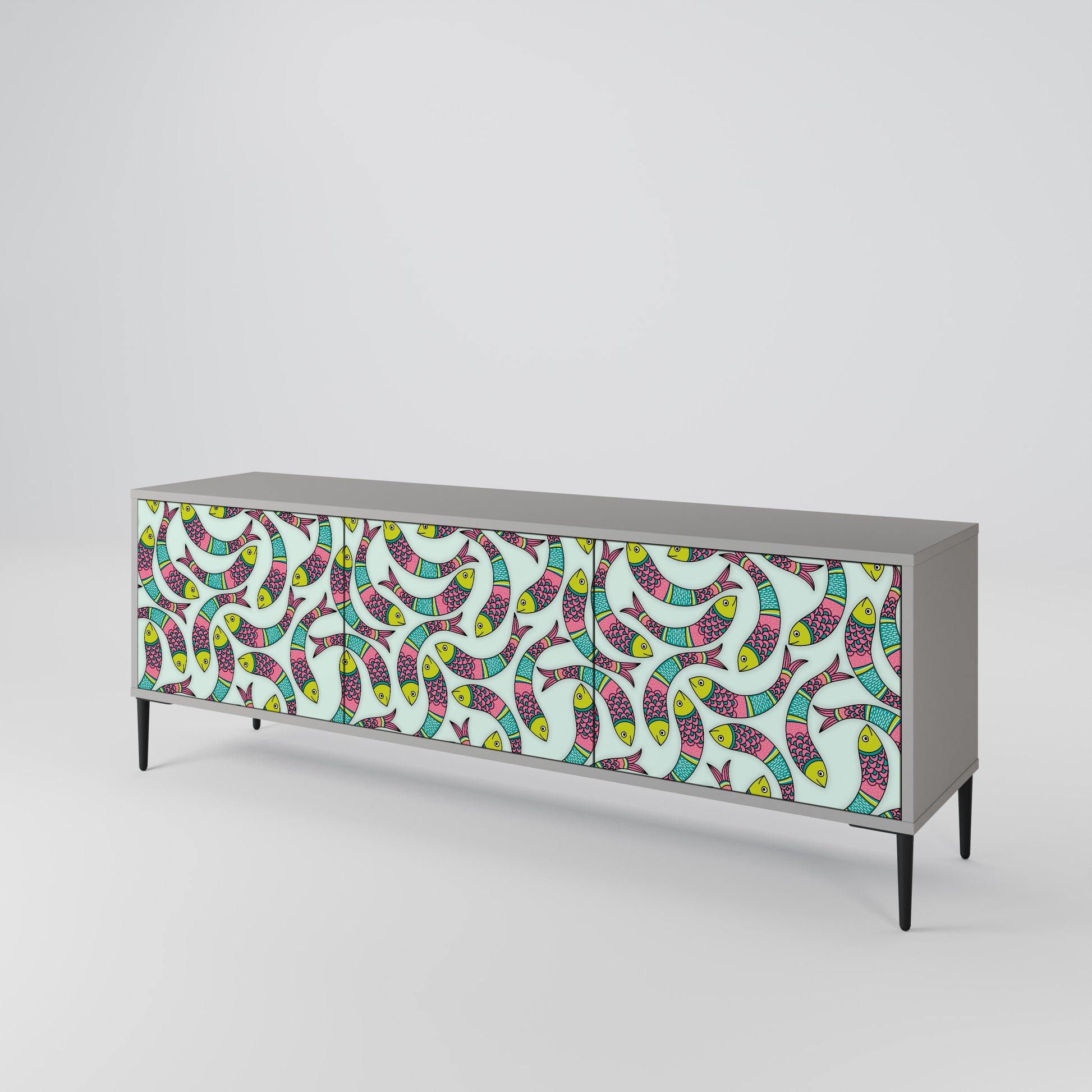 INDIAN FISH 3-Door TV Stand in Grey Finish