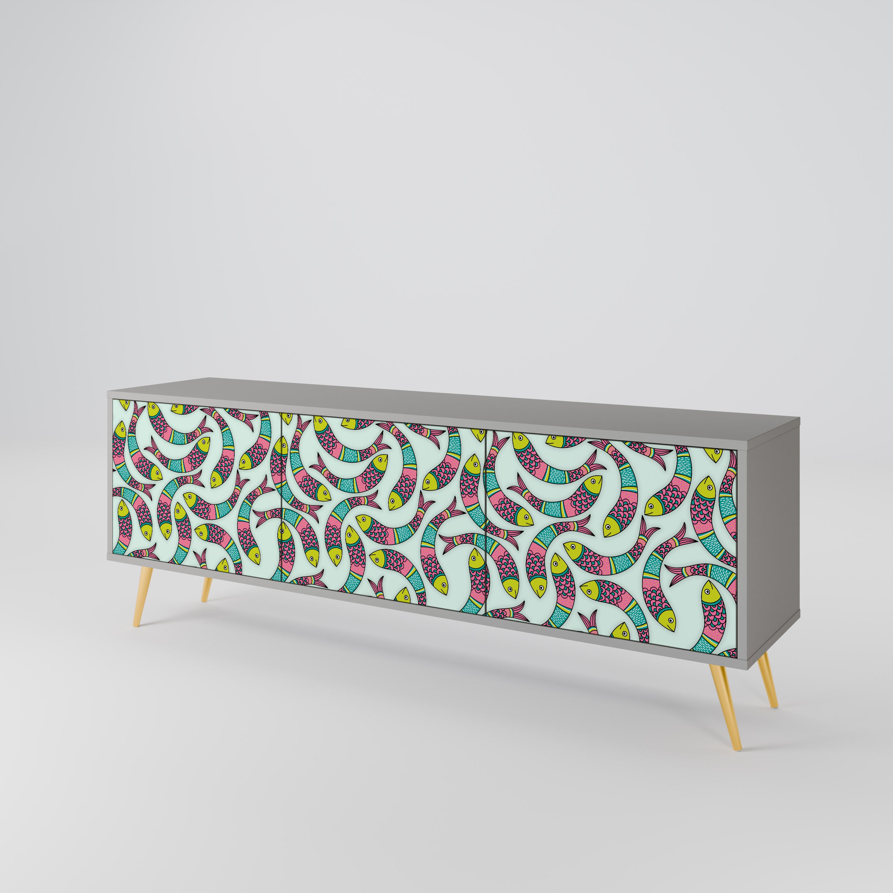 INDIAN FISH 3-Door TV Stand in Grey Finish