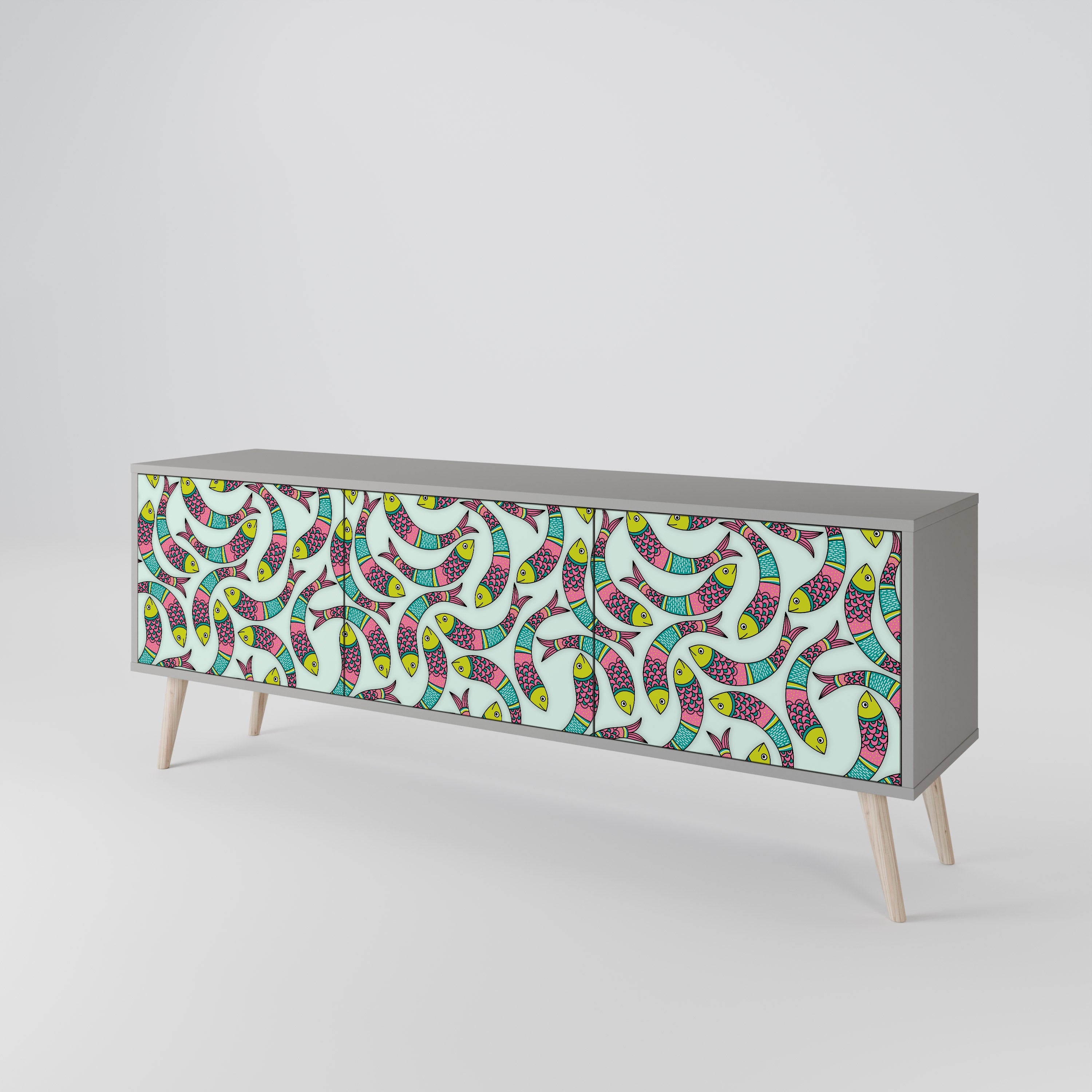INDIAN FISH 3-Door TV Stand in Grey Finish