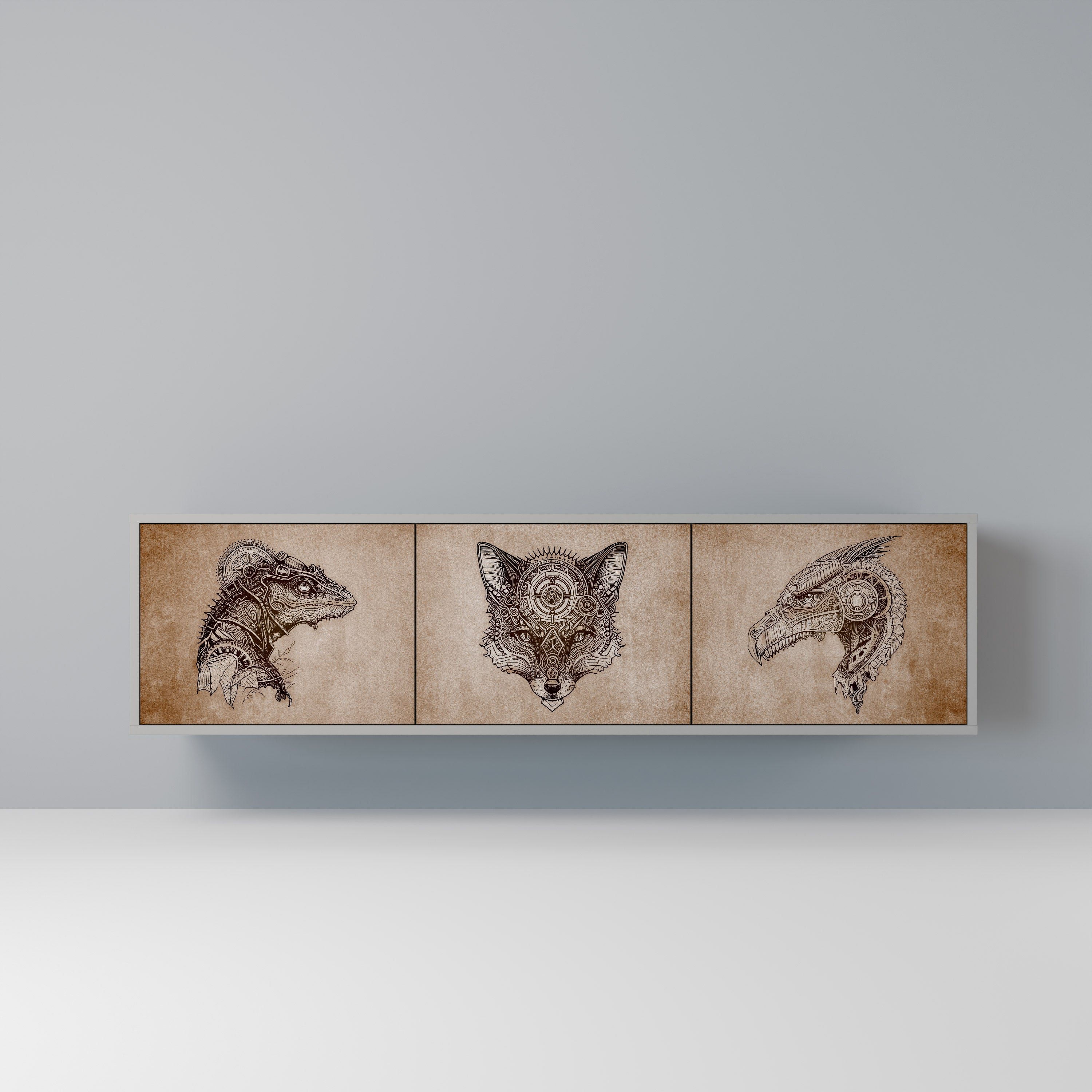 STEAMPUNK CLAN 3-Door TV Stand in Grey Finish
