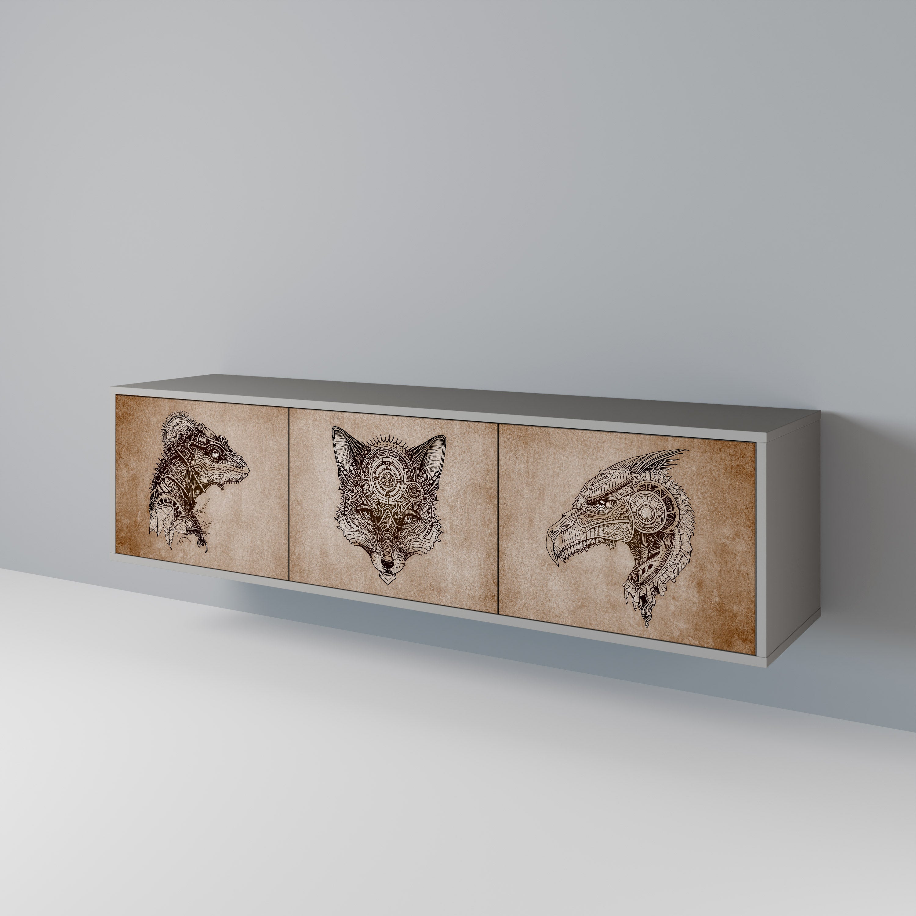 STEAMPUNK CLAN 3-Door TV Stand in Grey Finish