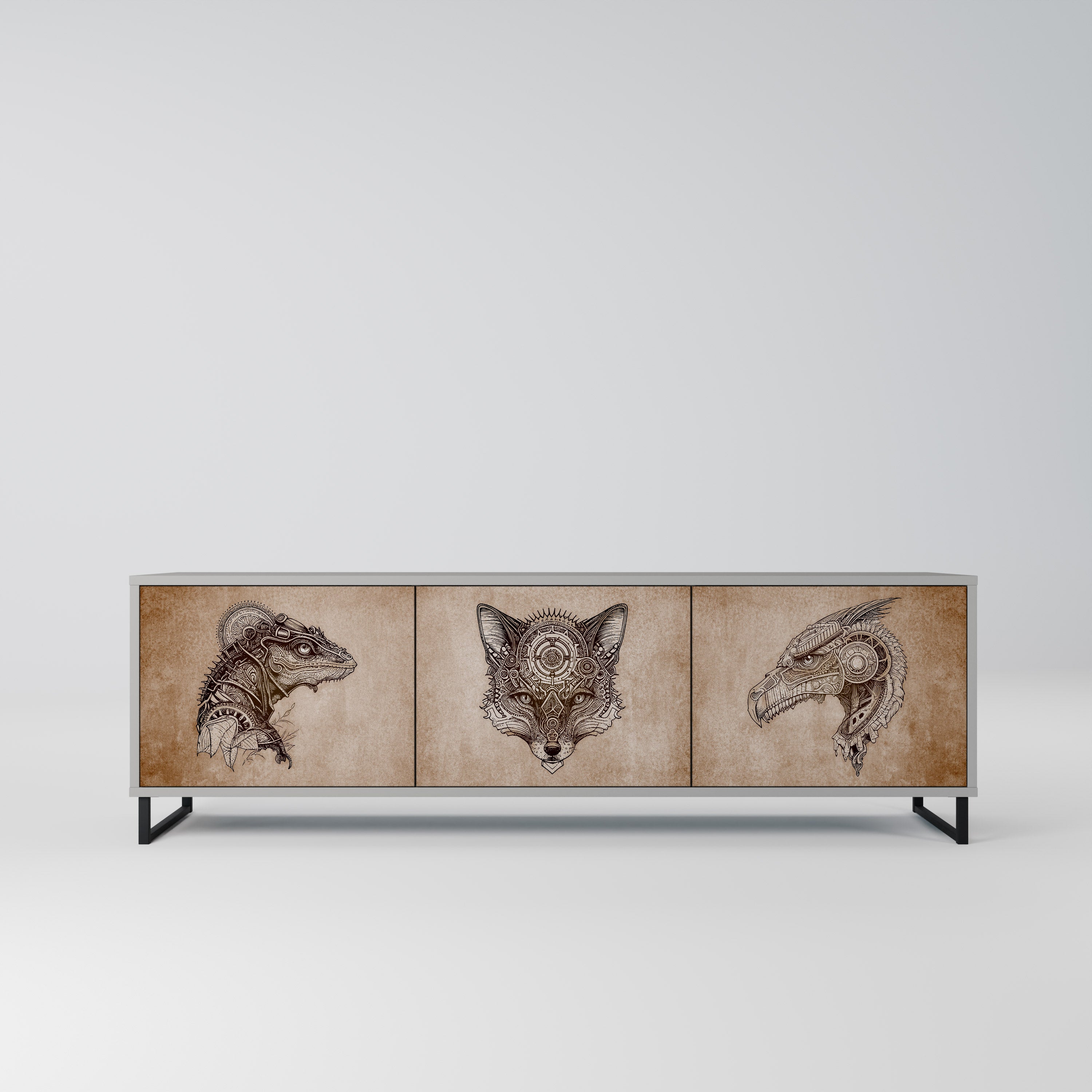STEAMPUNK CLAN 3-Door TV Stand in Grey Finish