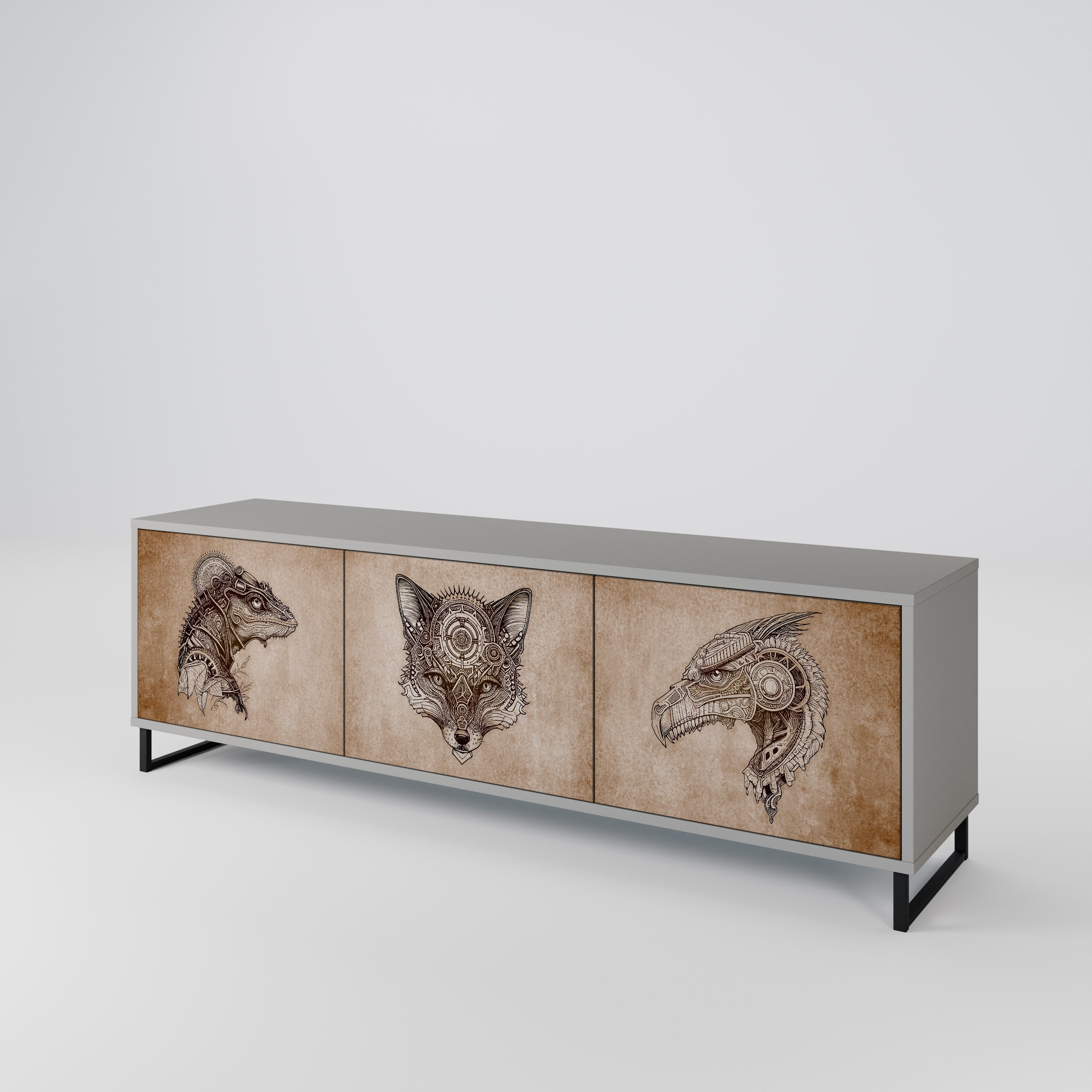 STEAMPUNK CLAN 3-Door TV Stand in Grey Finish