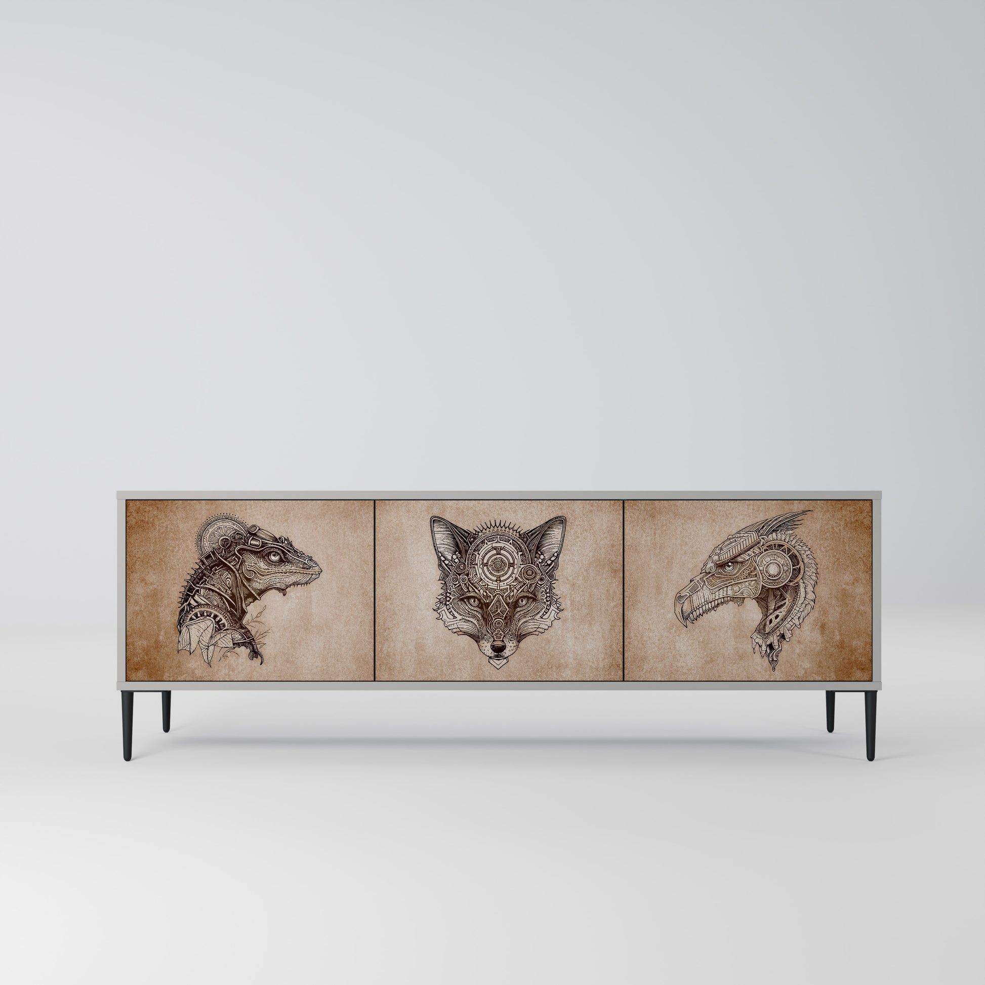 STEAMPUNK CLAN 3-Door TV Stand in Grey Finish