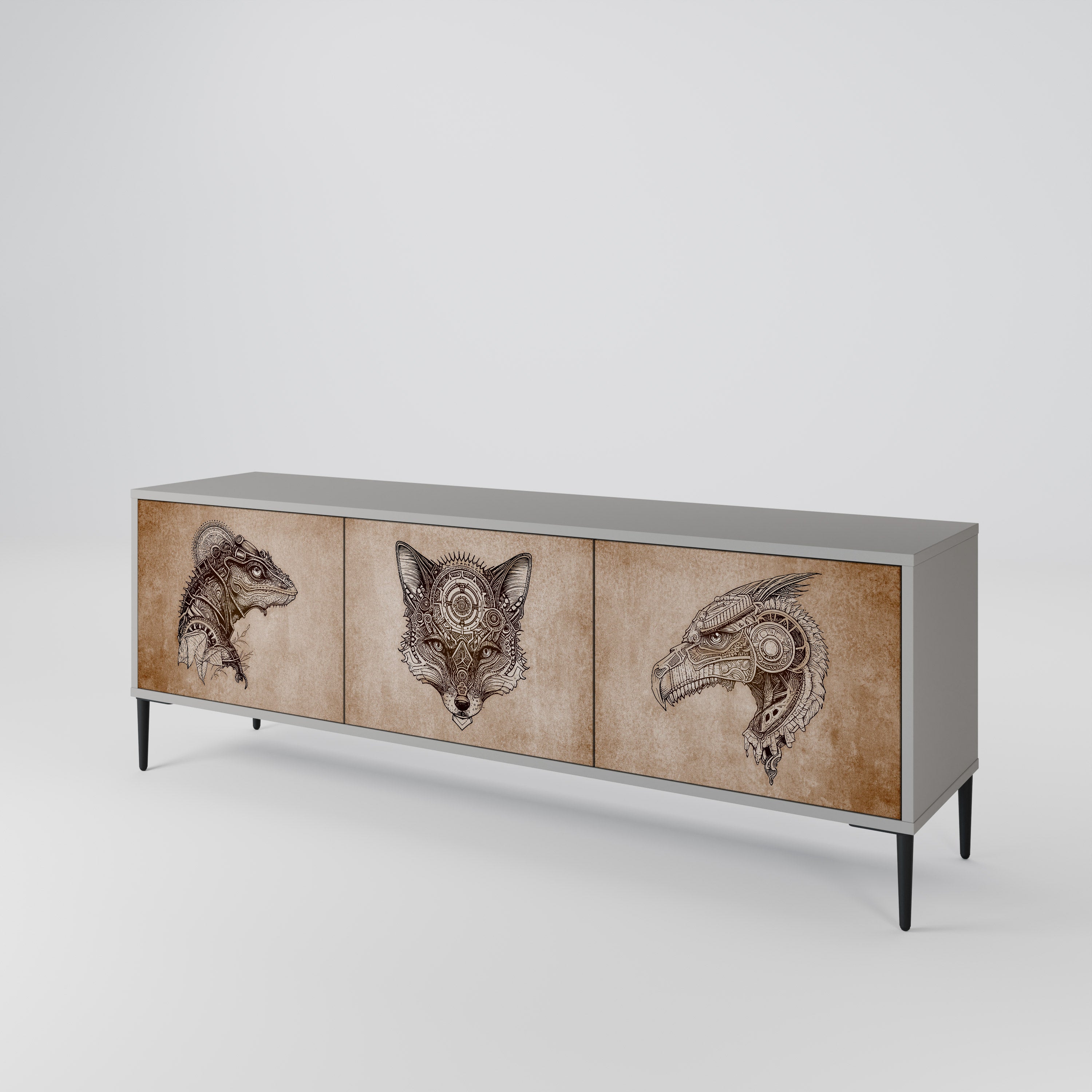 STEAMPUNK CLAN 3-Door TV Stand in Grey Finish