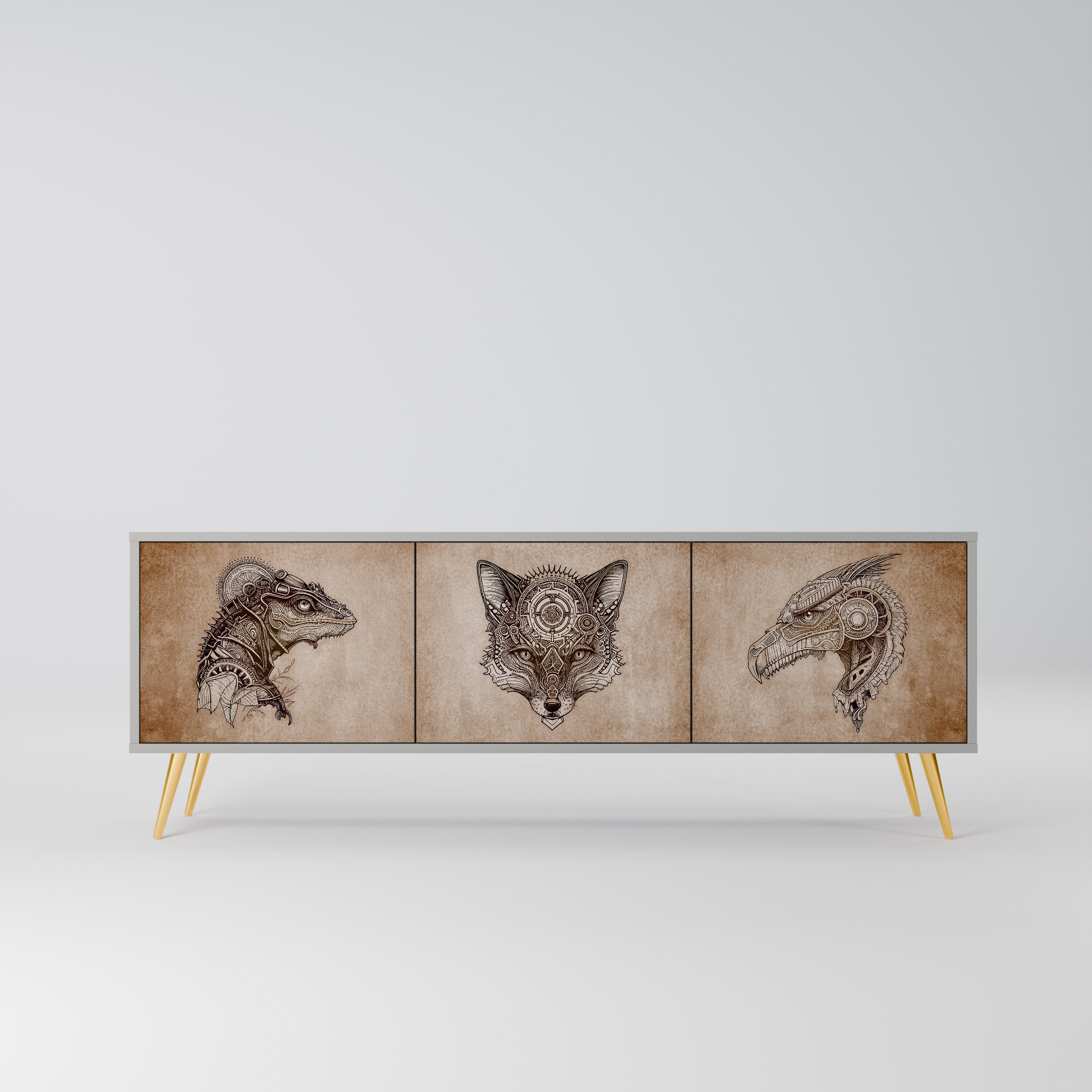 STEAMPUNK CLAN 3-Door TV Stand in Grey Finish