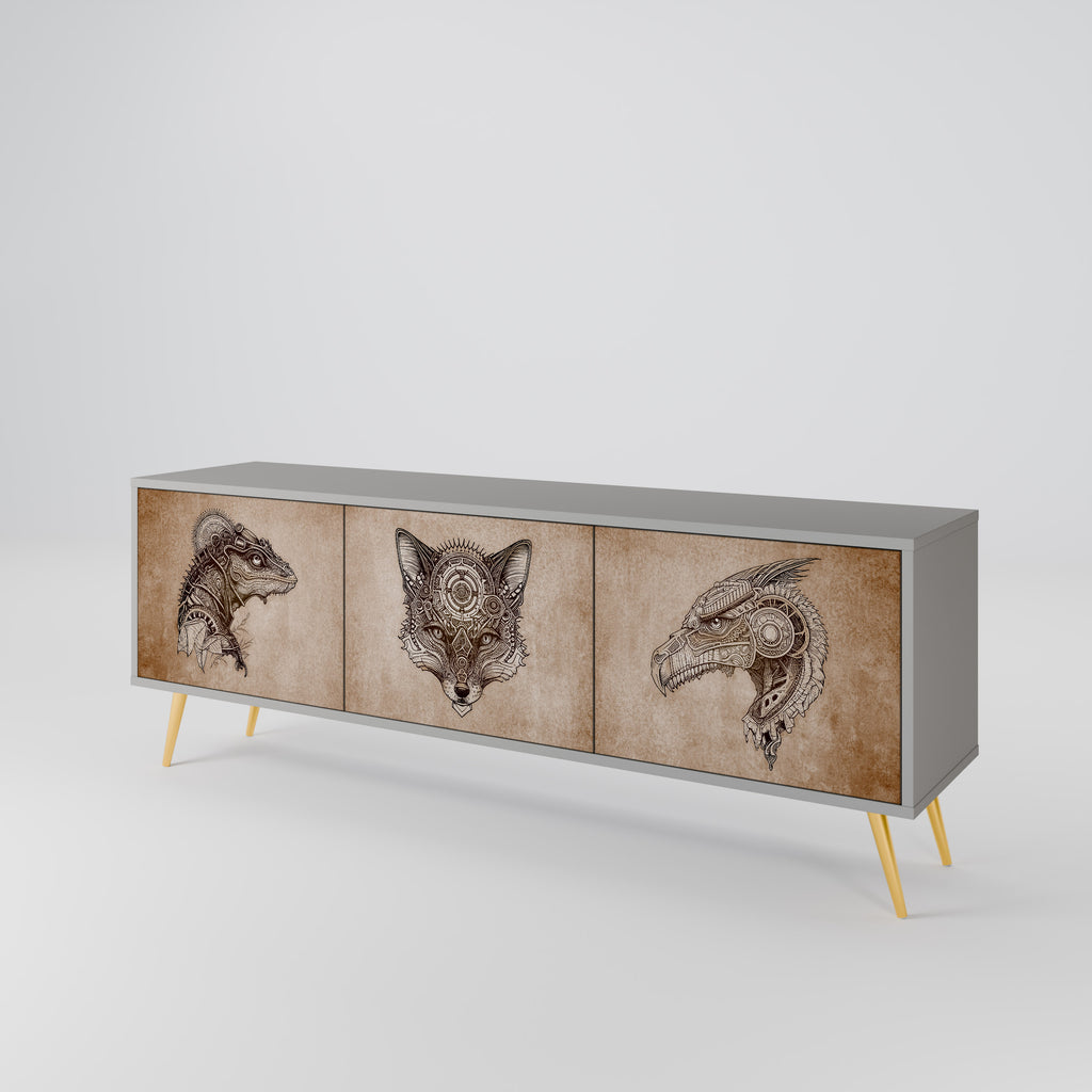 STEAMPUNK CLAN 3-Door TV Stand in Grey Finish