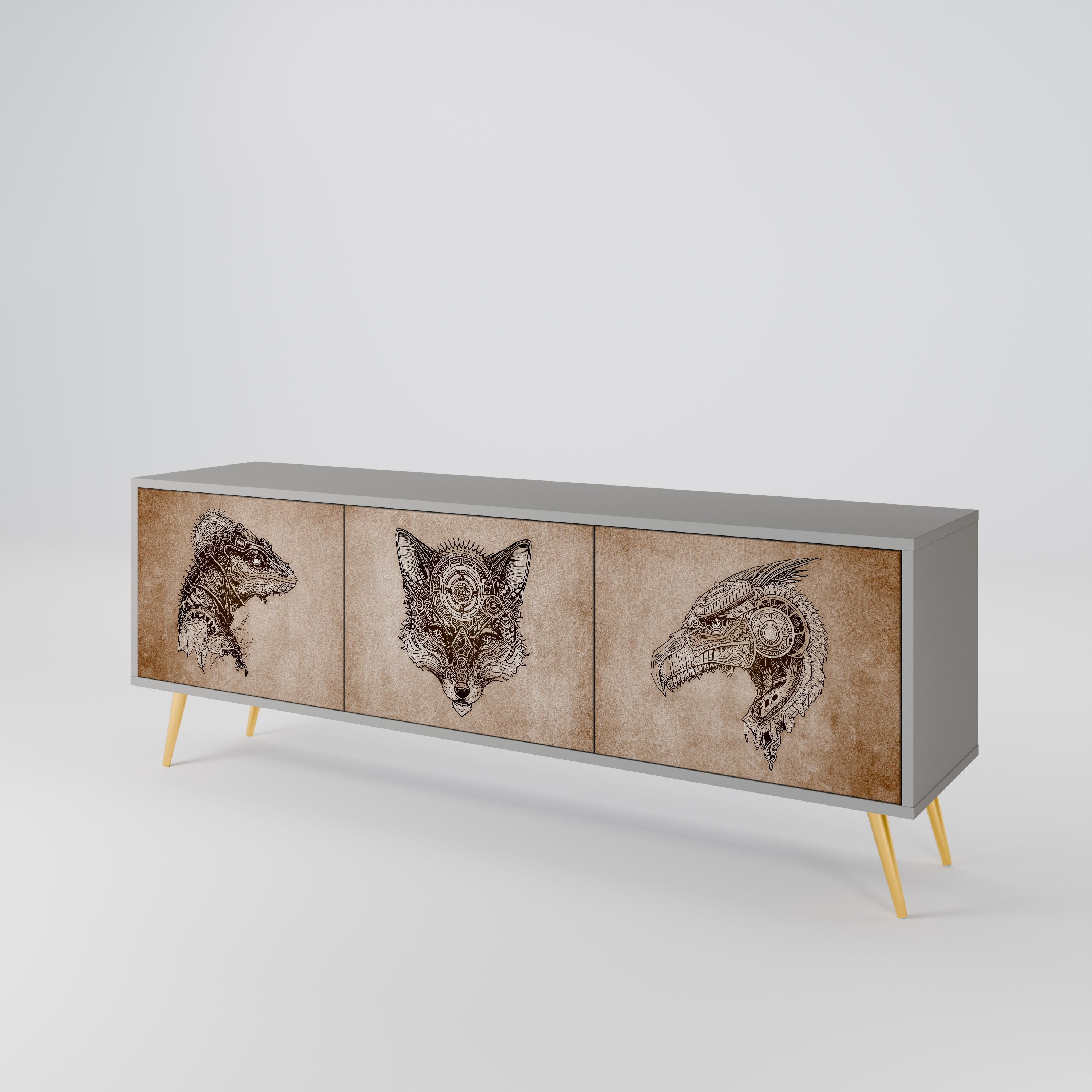 STEAMPUNK CLAN 3-Door TV Stand in Grey Finish