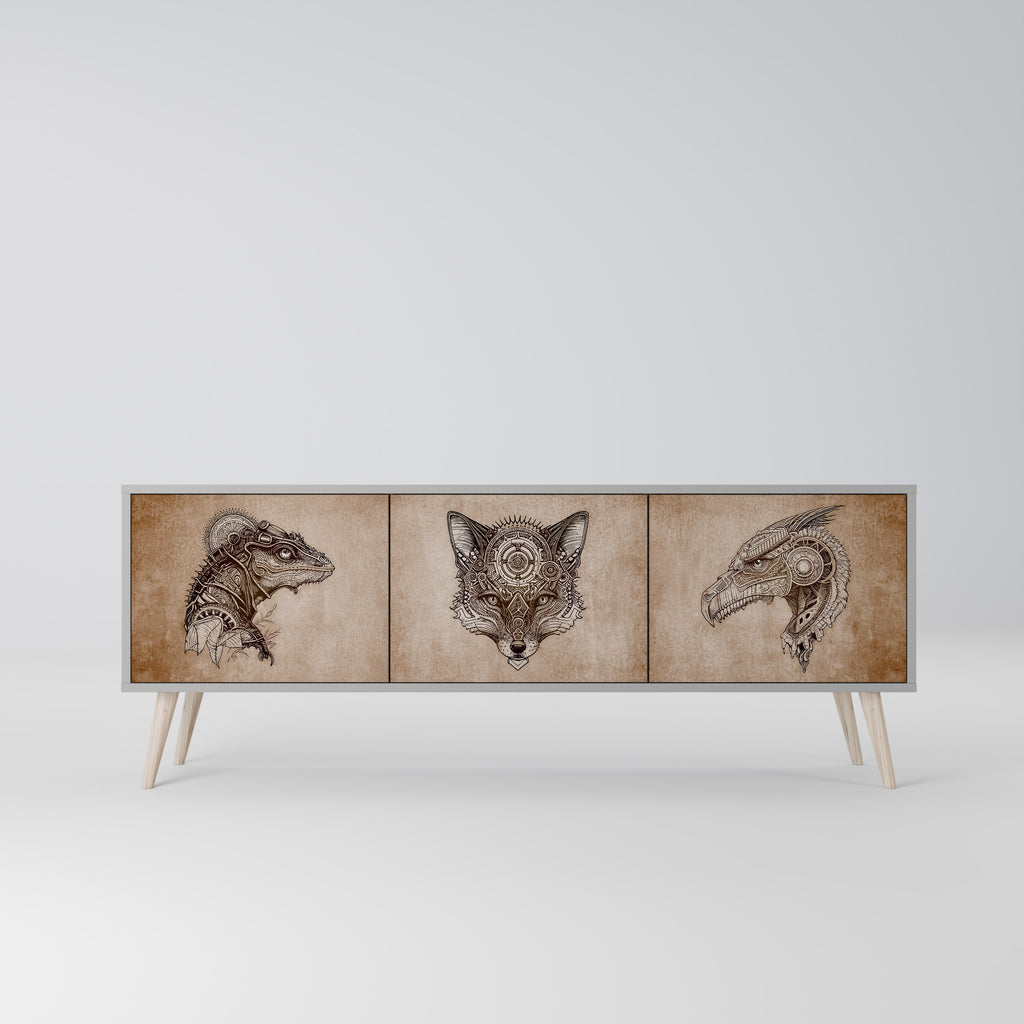 STEAMPUNK CLAN 3-Door TV Stand in Grey Finish