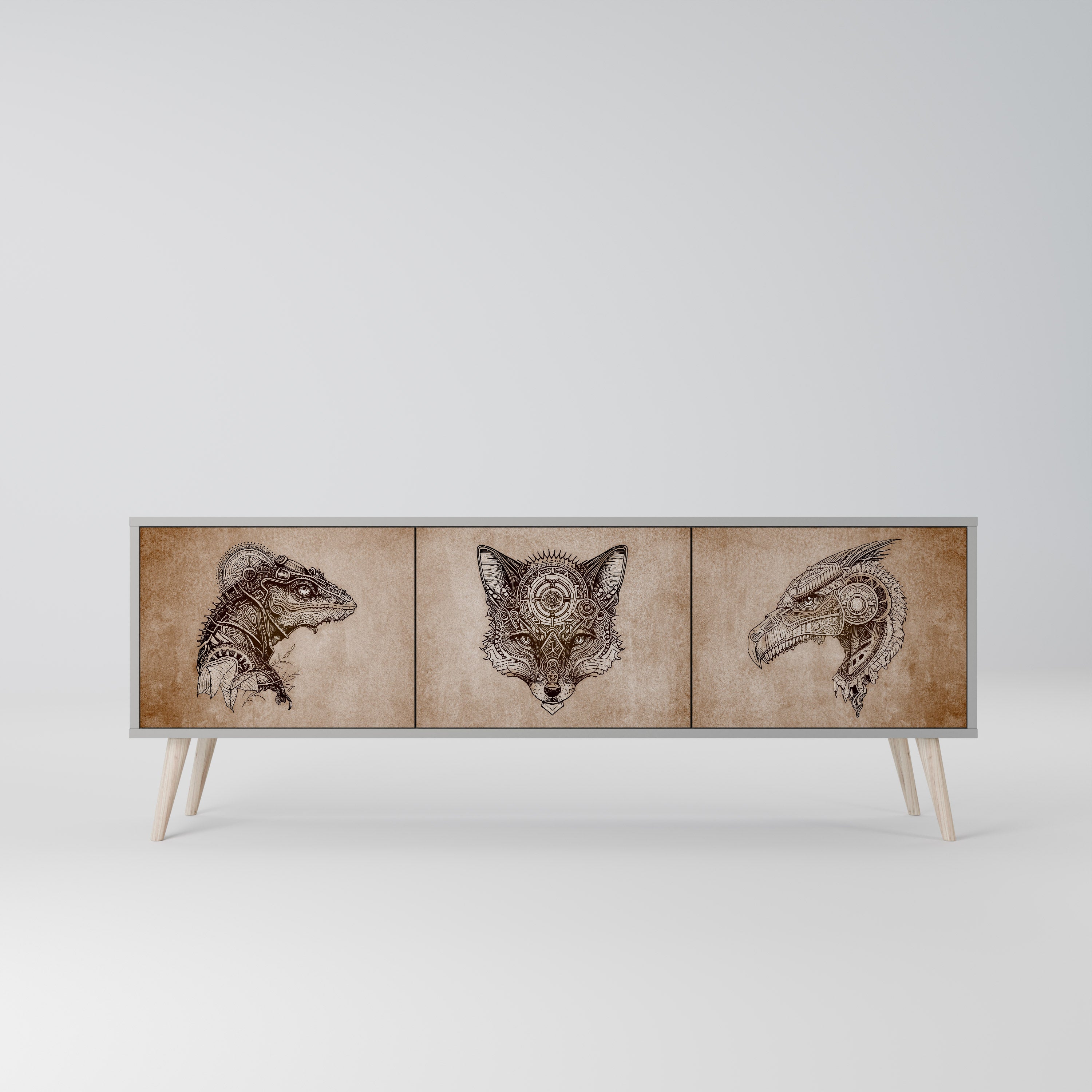STEAMPUNK CLAN 3-Door TV Stand in Grey Finish