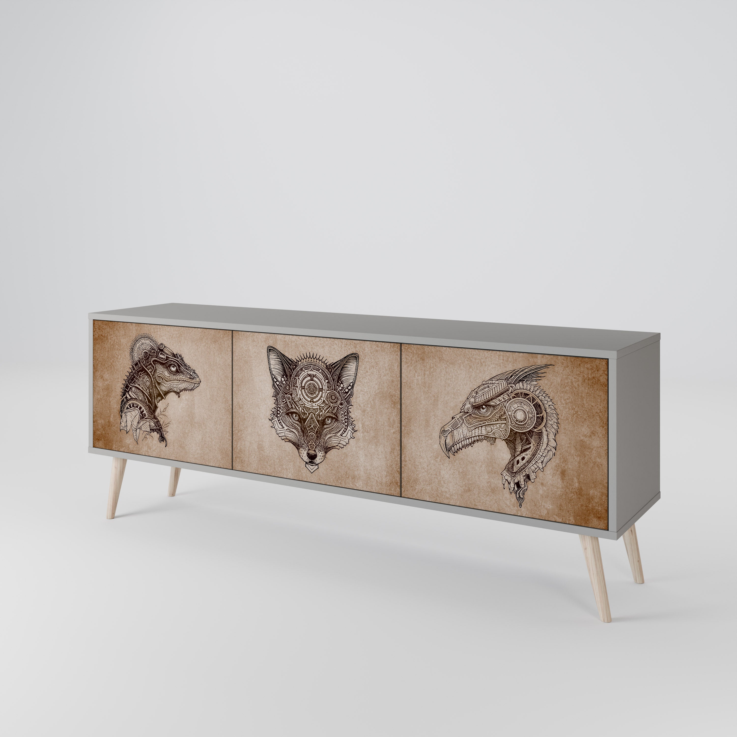 STEAMPUNK CLAN 3-Door TV Stand in Grey Finish