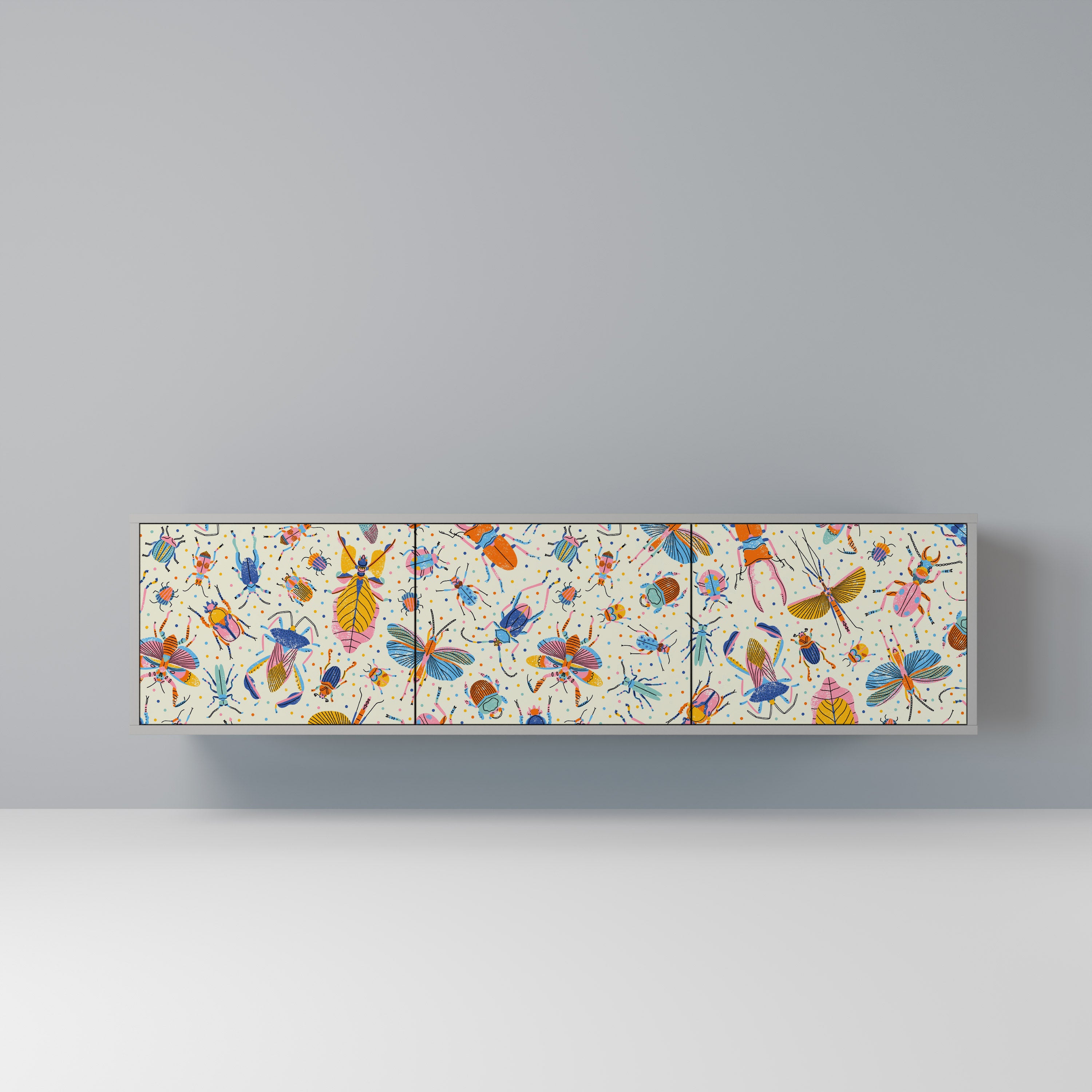 COLORFUL INSECTS 3-Door TV Stand in Grey Finish