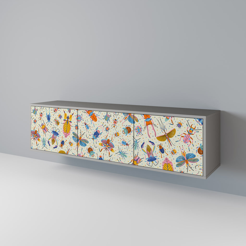 Mueble de TV de 3 puertas COLORFUL INSECTS en acabado gris