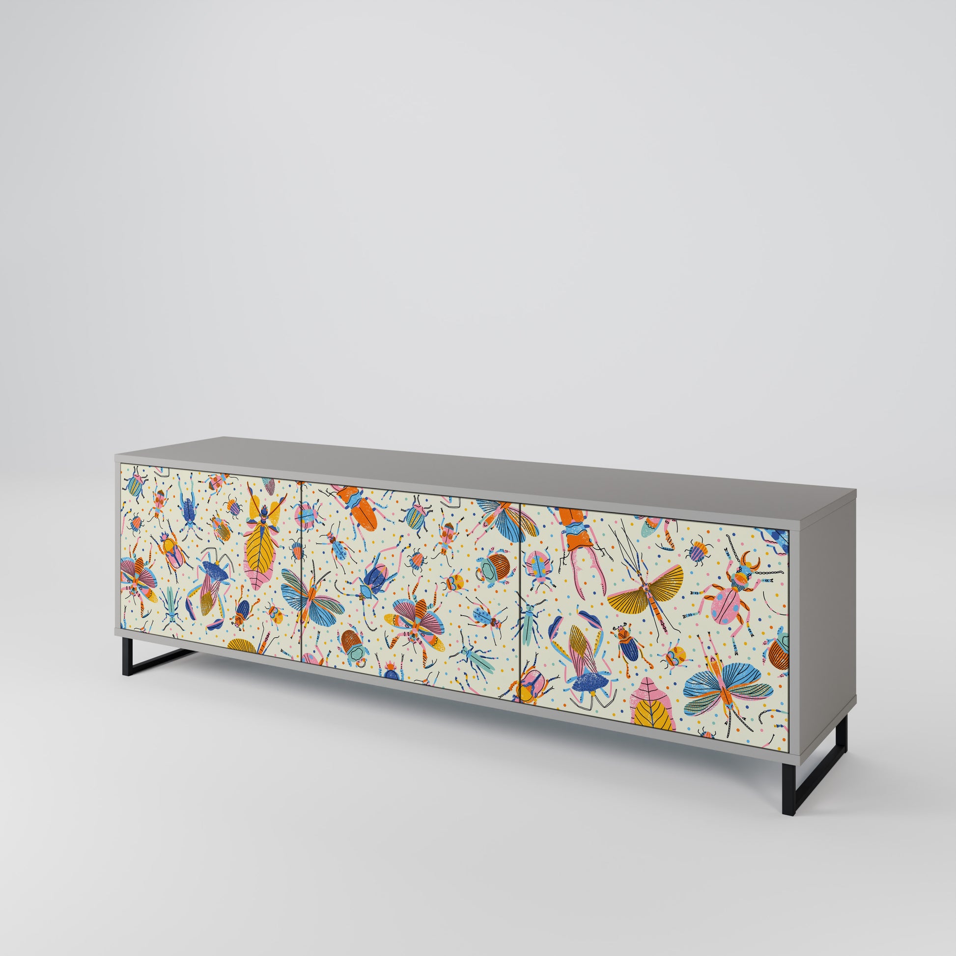 COLORFUL INSECTS 3-Door TV Stand in Grey Finish