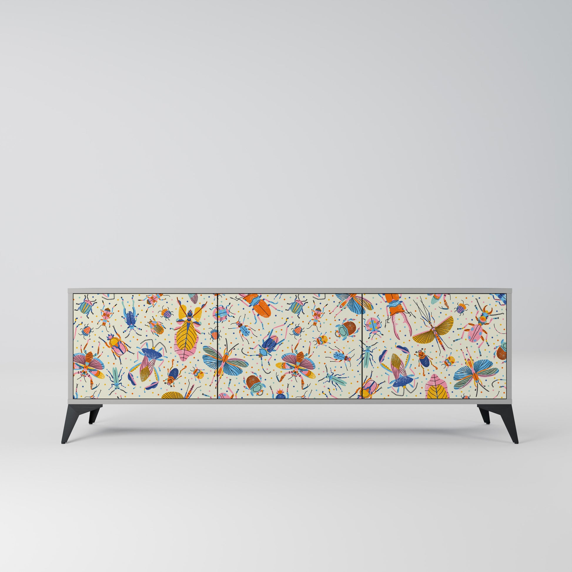COLORFUL INSECTS 3-Door TV Stand in Grey Finish