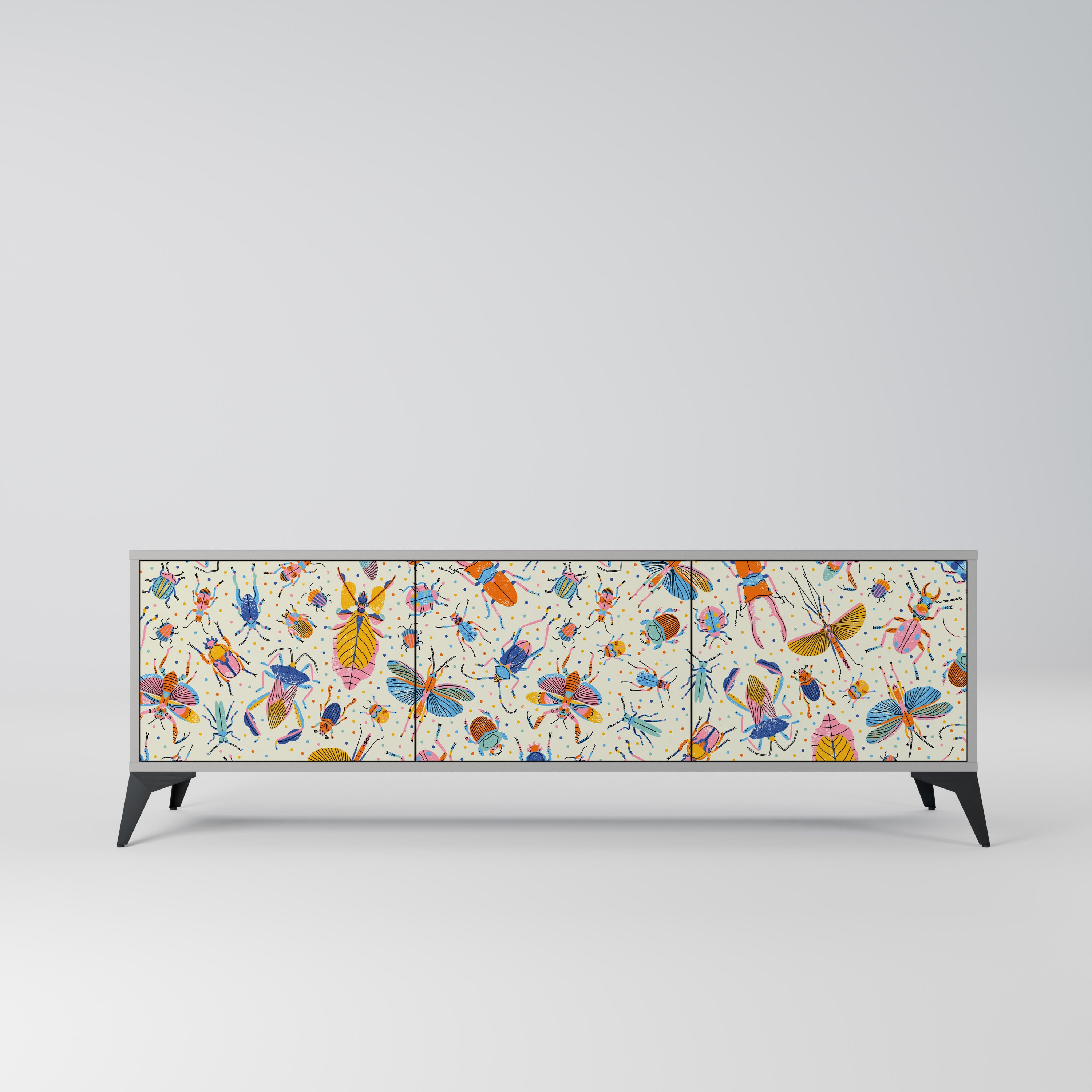 COLORFUL INSECTS 3-Door TV Stand in Grey Finish